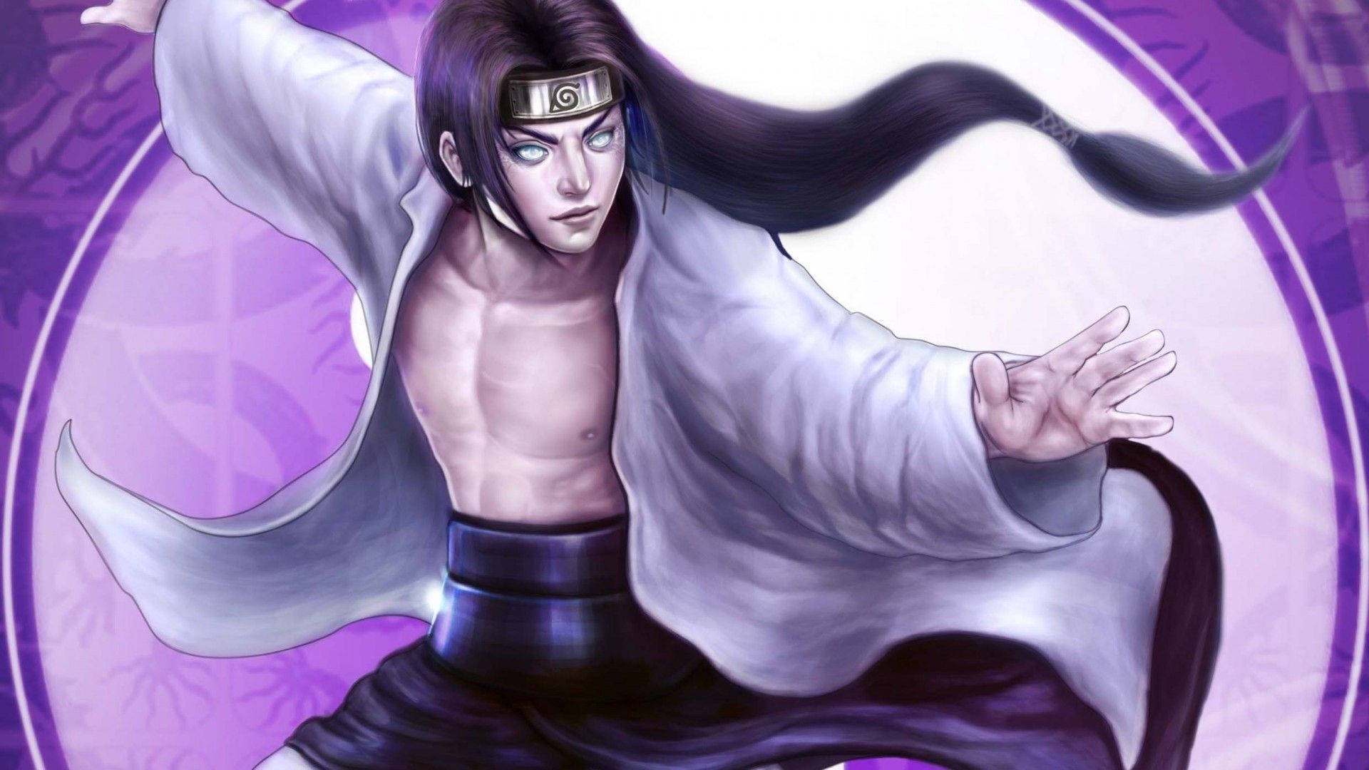 Neji 桌布 壁紙 — 一個肌肉發達的動漫忍者，長長的黑髮和發光的眼睛，穿著飄逸的白色長袍，在旋轉的紫色背景下擺出動態姿勢。