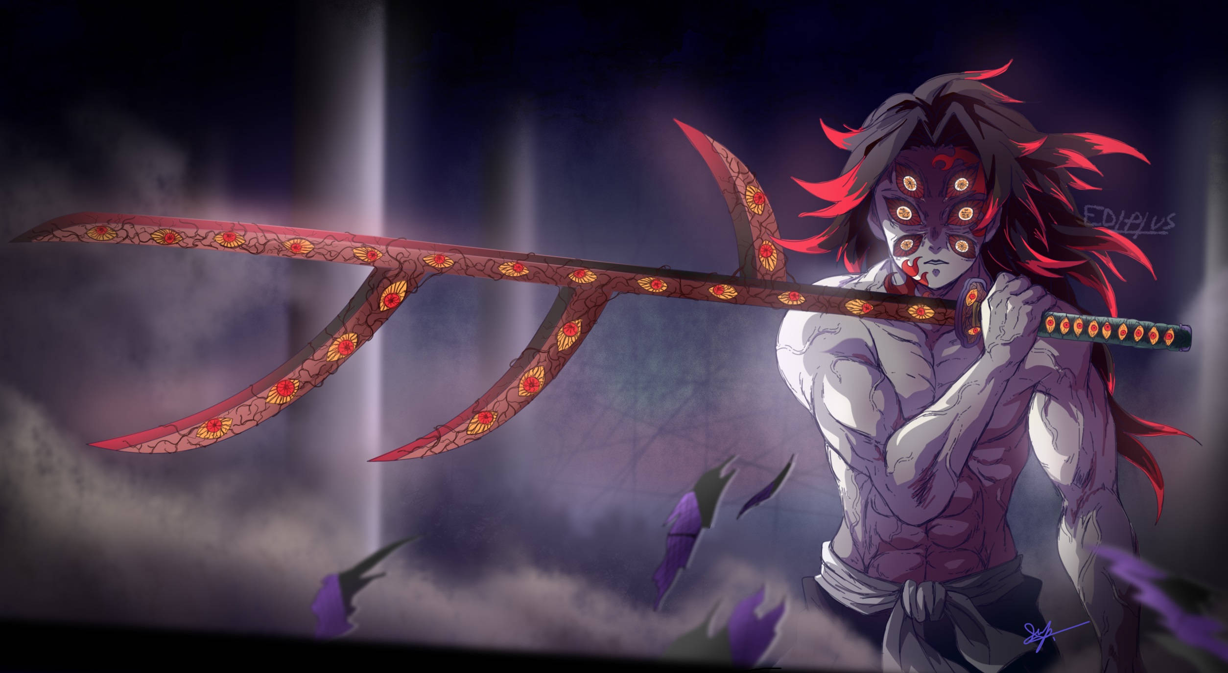 Kokushibo 桌布 壁紙 — 一個肌肉發達的動漫惡魔，擁有發光的紅色眼睛和飄逸的紅髮，在黑暗迷霧的背景中揮舞著一把巨大的華麗劍。