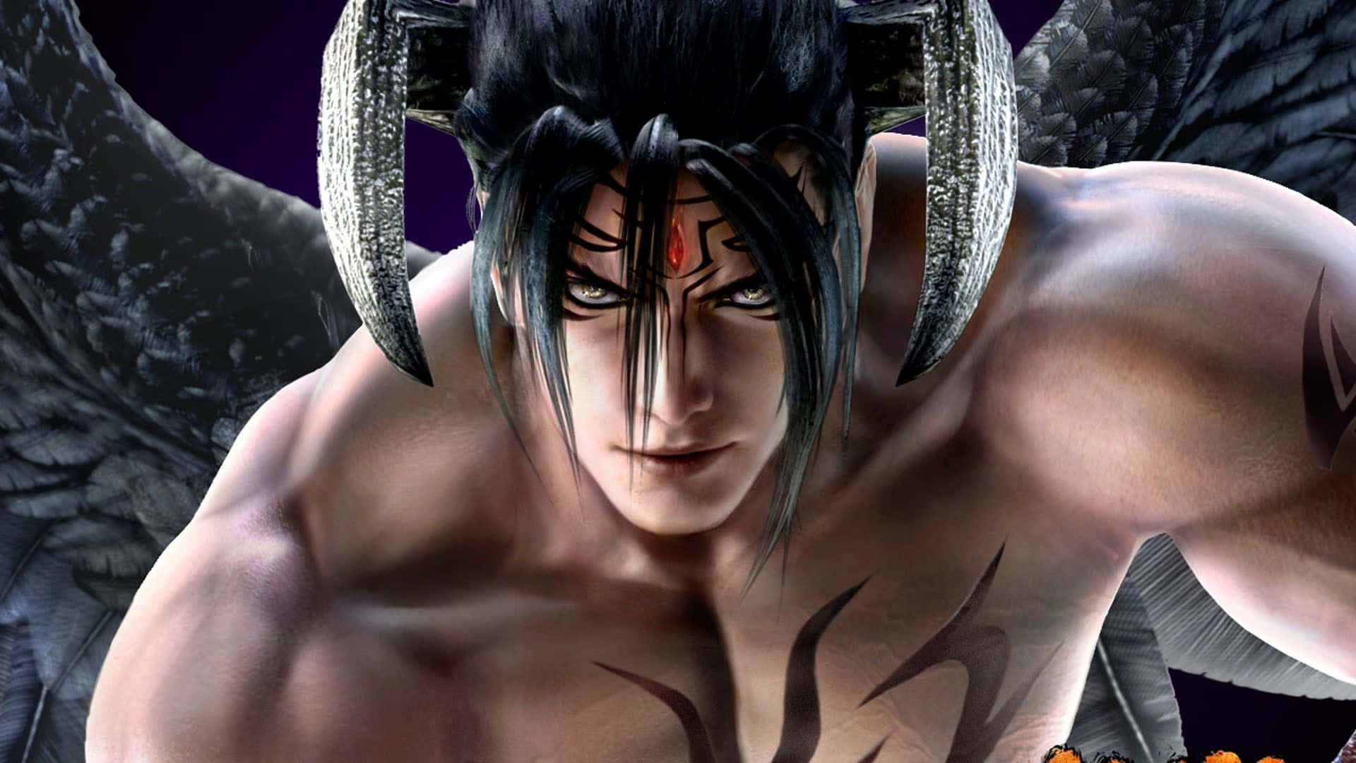 Tekken Characters 桌布 壁紙 — 一個肌肉發達的動漫惡魔，擁有黑色翅膀和角，在深紫色背景下強烈凝視。