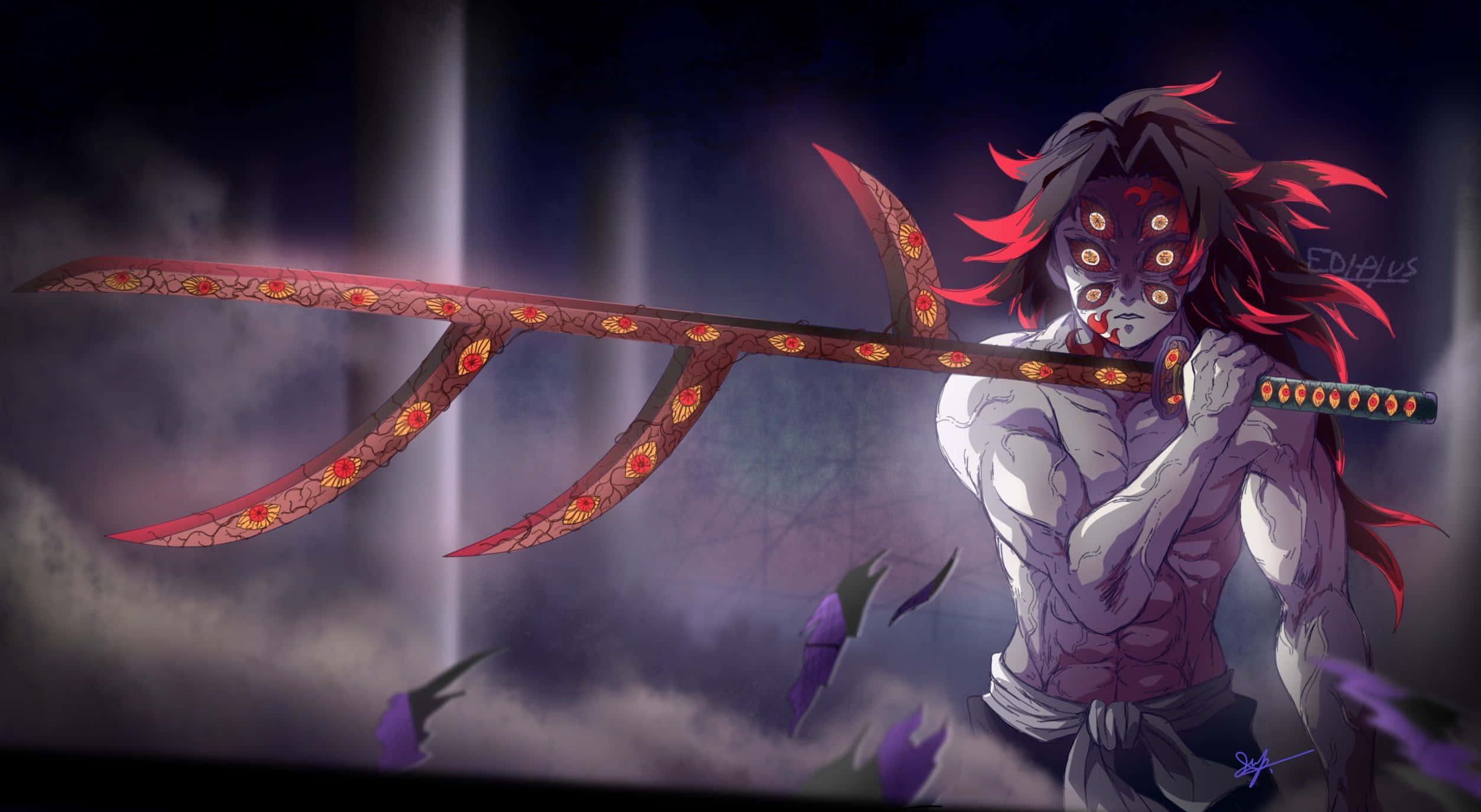 Daki Demon Slayer 桌布 壁紙 — 一個肌肉發達的動漫惡魔，紅髮、眼睛發光，在黑暗霧氣背景中揮舞著一把巨大的華麗劍。