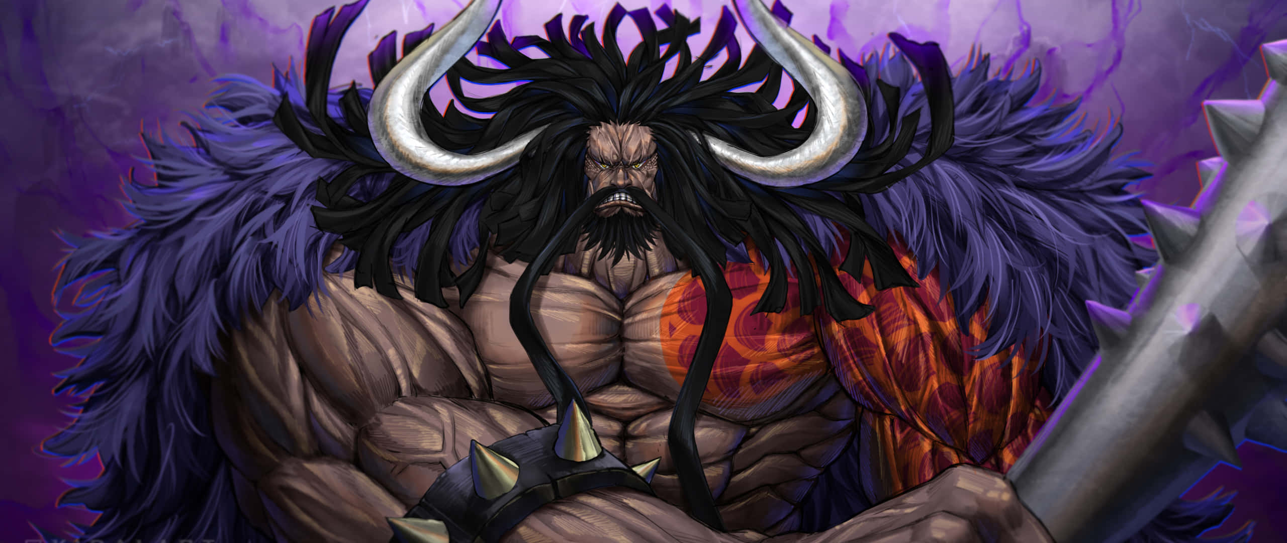 海賊王 桌布 壁紙 — 一個肌肉發達的動漫惡魔，長著黑色角和紫色羽毛翅膀，在紫色背景上揮舞著一把帶刺的劍。