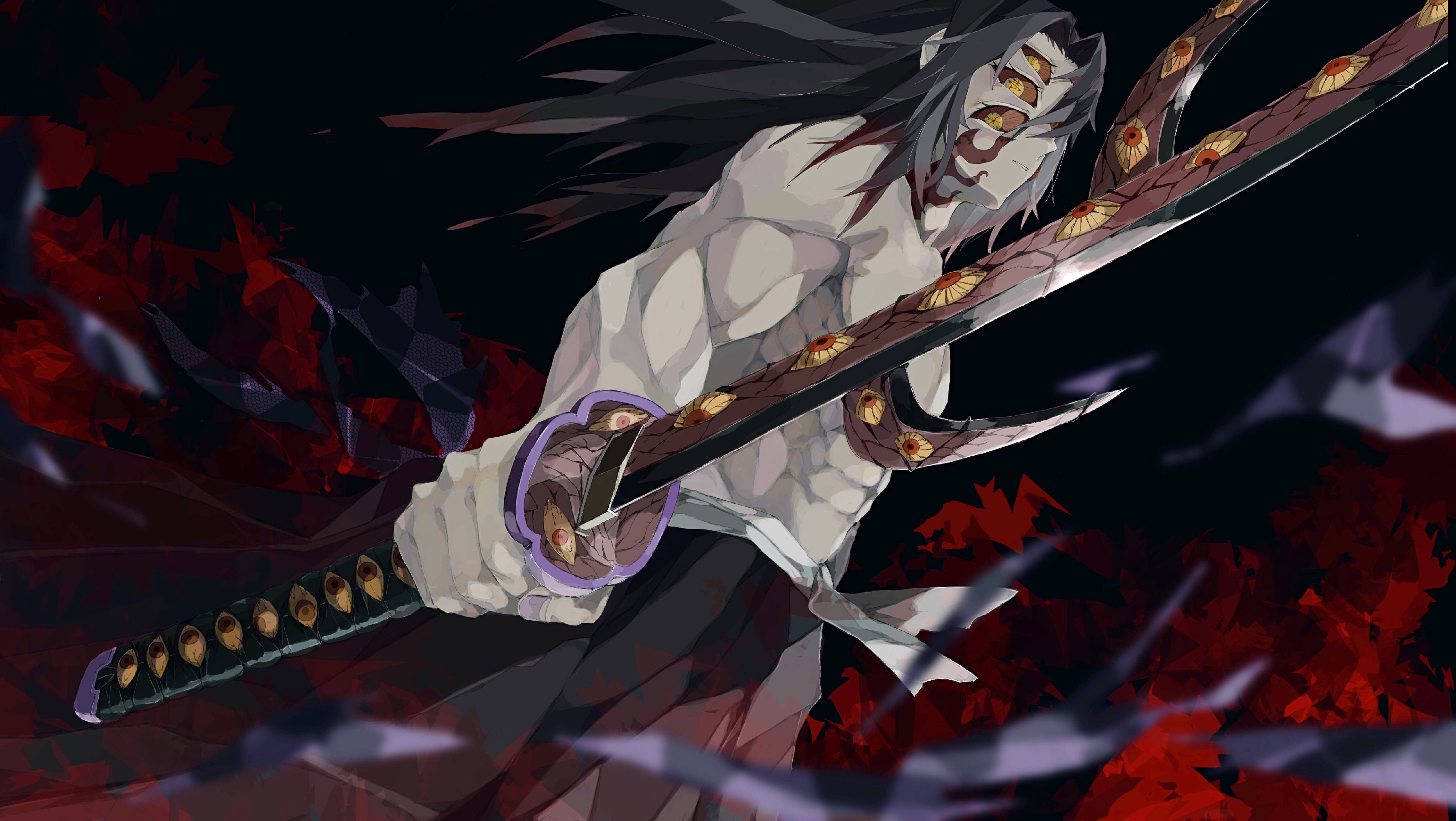 Kokushibo 桌布 壁紙 — 一個肌肉發達的動漫惡魔，長長的黑髮，在黑暗背景中揮舞著一把大劍，周圍環繞著旋轉的紅葉。