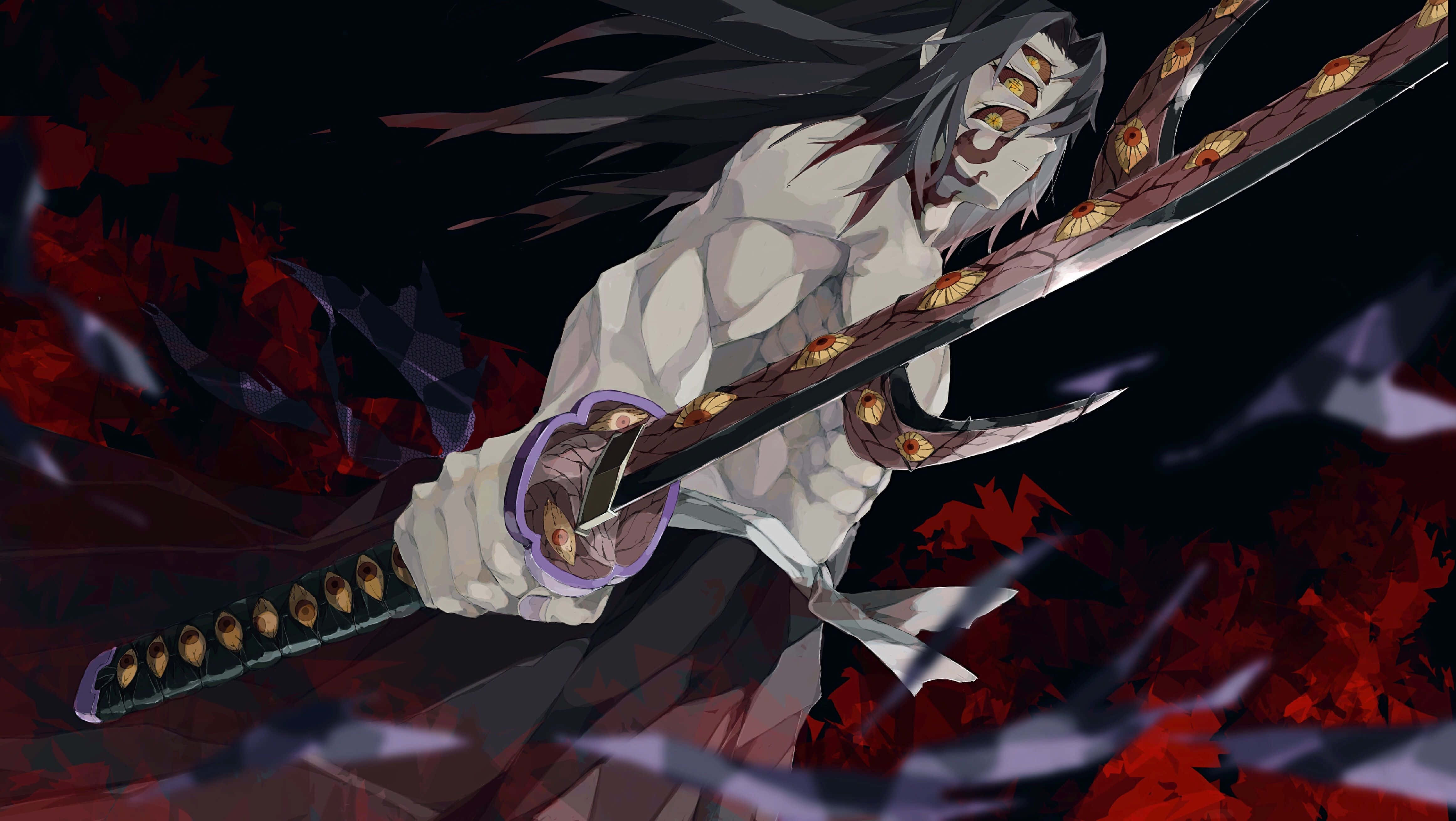 桌布 壁紙 — 一個肌肉發達的動漫惡魔，長長的黑髮，在黑暗背景下揮舞著一把大劍，周圍有旋轉的紅葉。