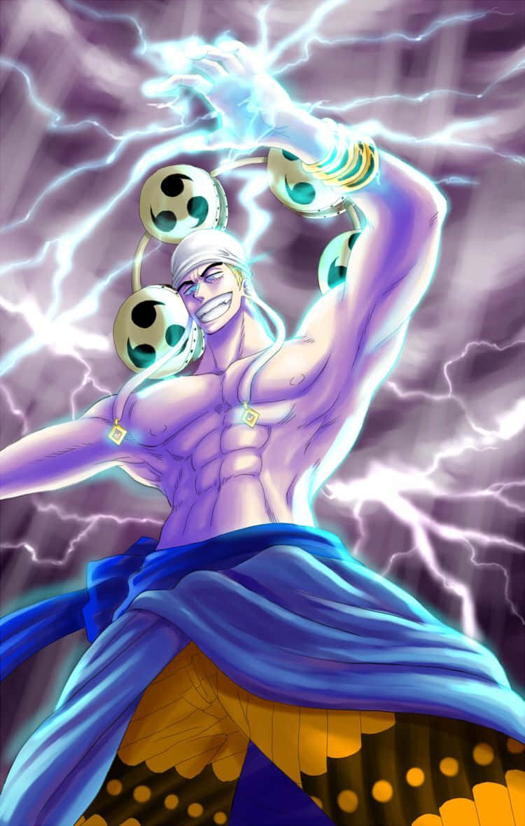 One Piece Enel 桌布 壁紙 — 一個肌肉發達的動漫戰士，戴著三個骷髏面具，在暴風雨的紫色天空中引導電能。