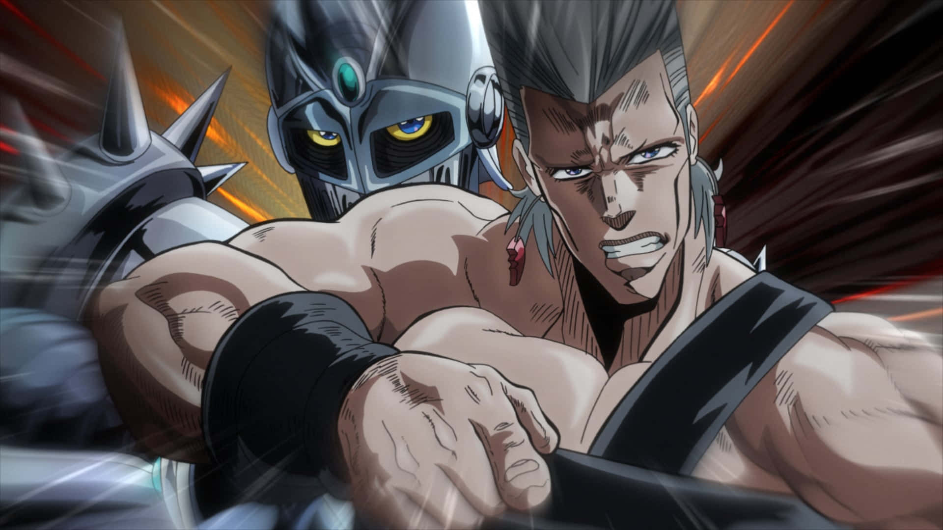 Stardust Crusaders 桌布 壁紙 — 一個肌肉發達的動漫戰士，戴著尖刺頭盔和發光的眼睛，帶著強烈的專注和動態模糊向前衝刺。