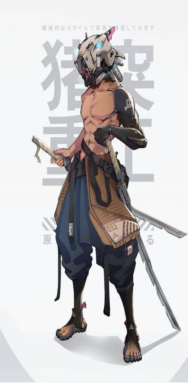 Demon Slayer Inosuke 桌布 壁紙 — 一個肌肉發達的動漫戰士，戴著機械頭盔，手持雙劍，自信地站在極簡背景前。