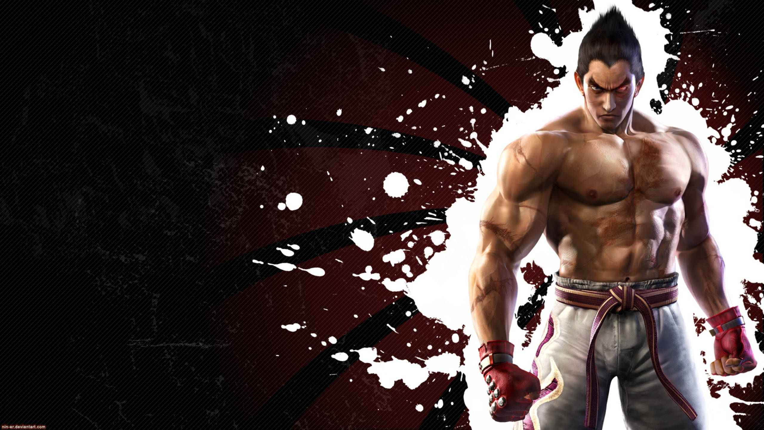 kazuya mishima 桌布 壁紙 — 一個肌肉發達的動漫戰士，戴著紅色手套，表情堅定，站在深紅色和黑色飛濺的背景前。