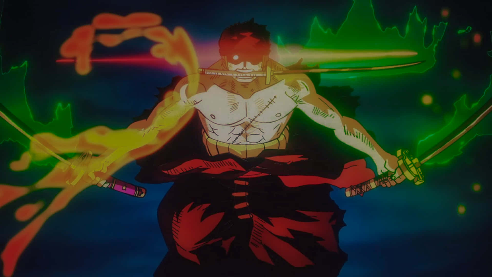 zoro wallpaper 壁紙 — 一個肌肉發達的動漫戰士，戴著紅色眼罩，在黑暗背景中揮舞兩把發光的劍，伴隨著熾熱的綠色和橙色能量效果。