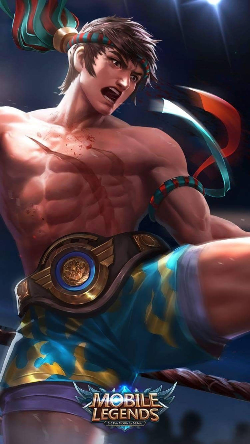 Mobile Legends 動態圖 桌布 壁紙 — 一個肌肉發達的動漫戰士，戴著部落頭帶和發光腰帶，在戲劇性的燈光下以動態戰鬥姿勢咆哮。