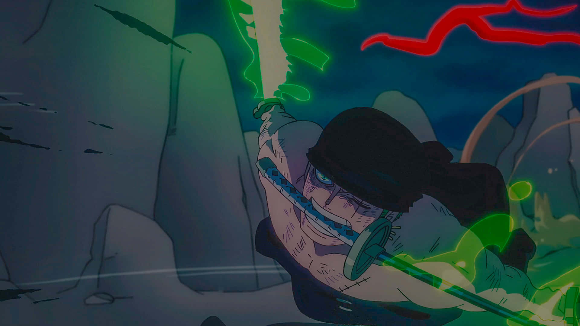 zoro wallpaper 壁紙 — 一個肌肉發達的動漫戰士，戴著黑色帽子，用劍劈開發光的綠色能量，背景是黑暗的岩石。