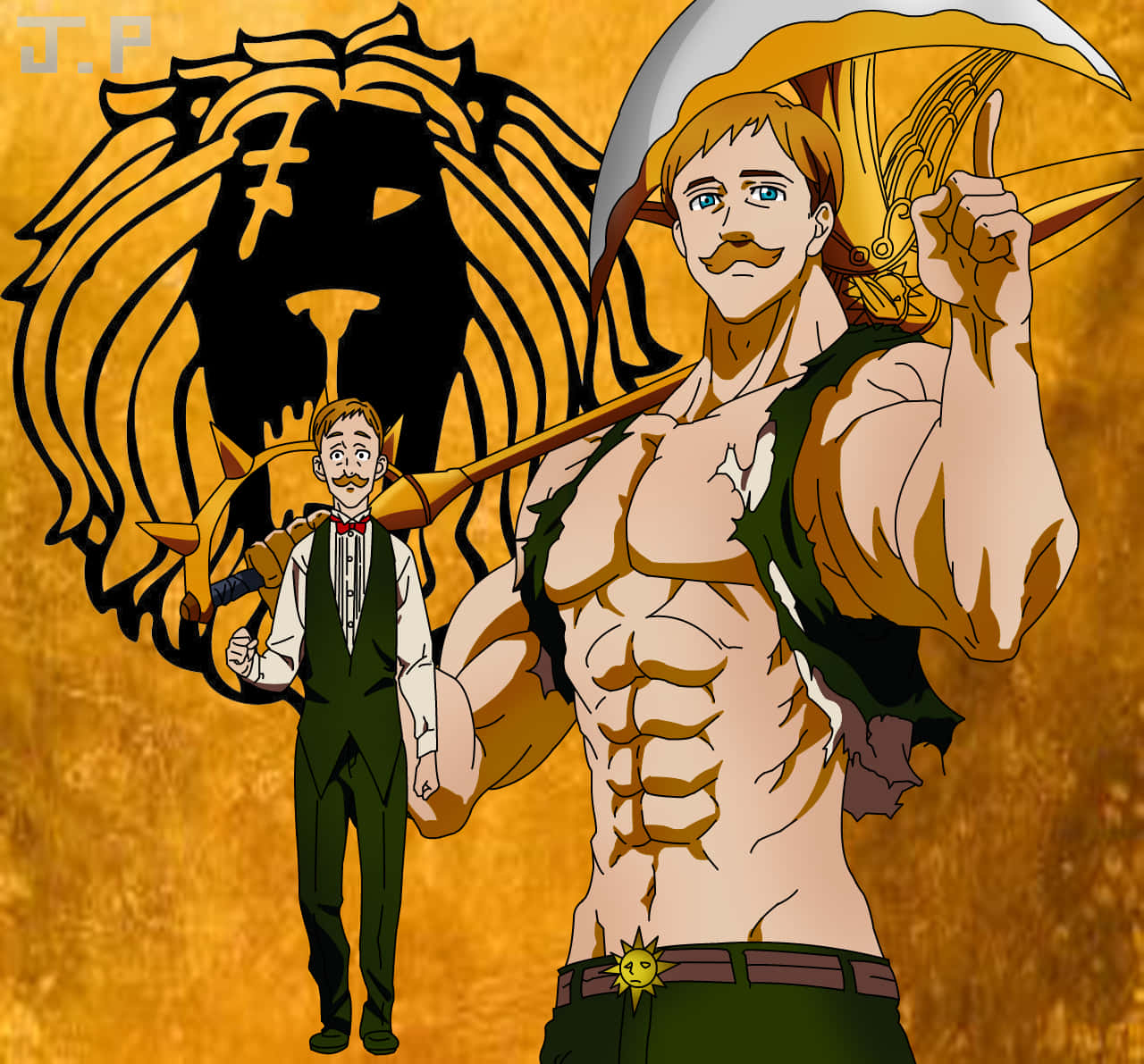 Escanor 桌布 壁紙 — 一個肌肉發達的動漫戰士，手持劍和獅子標誌，站在一個穿著西裝的小男人旁邊，背景是金色紋理。