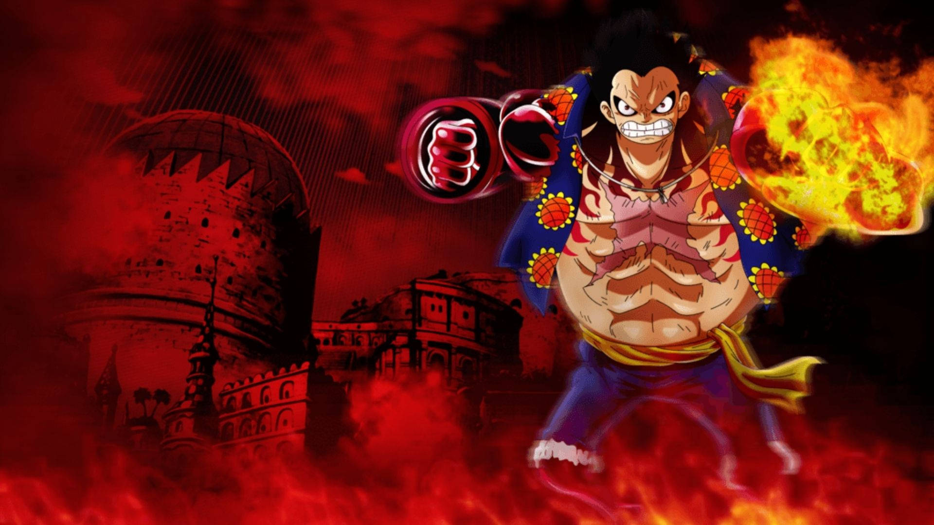 luffy gear 4 桌布 壁紙 — 一個肌肉發達的動漫戰士，手持火焰拳頭，在燃燒的紅色古代廢墟背景下向前衝刺。