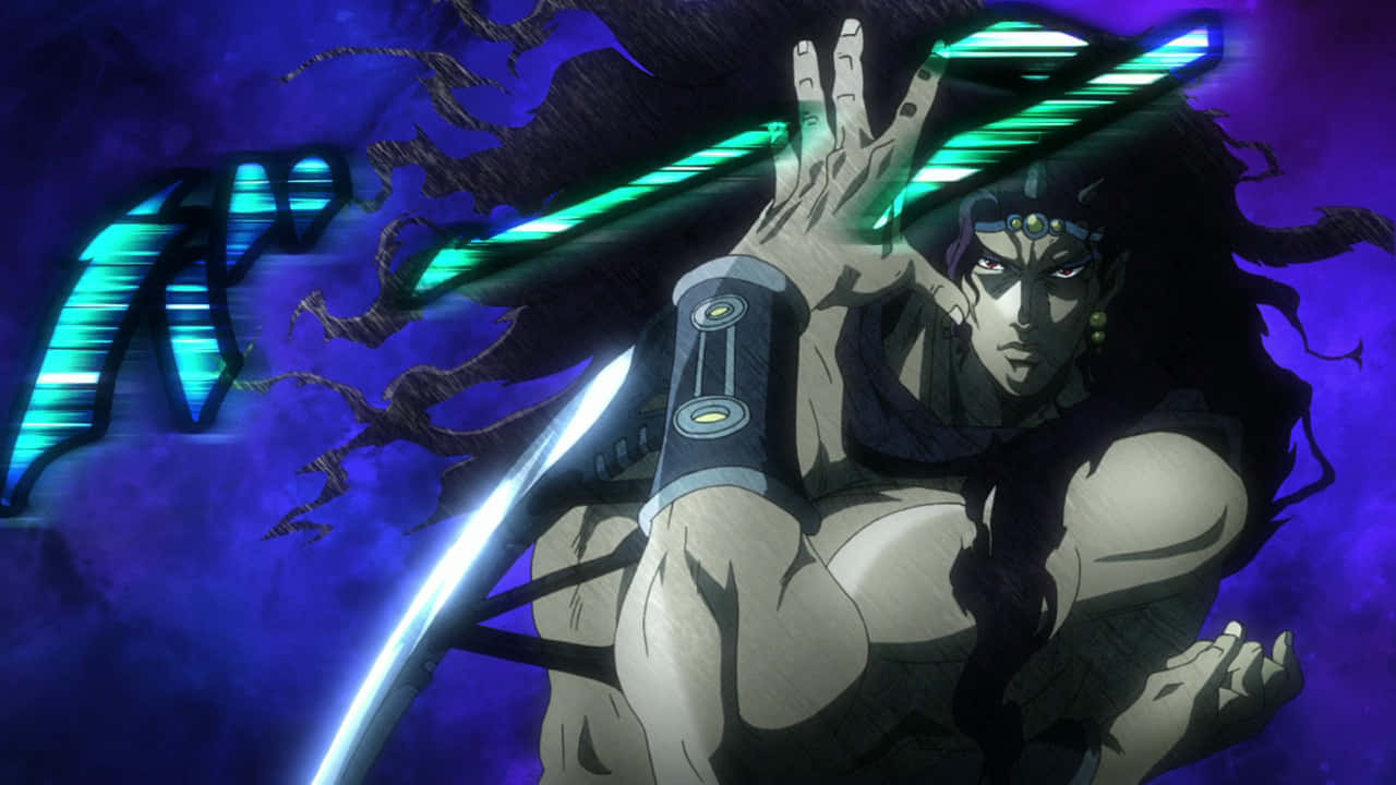Jojo's Bizarre Adventure Kars 桌布 壁紙 — 一個肌肉發達的動漫戰士，手持發光的綠色刀刃，黑髮，在旋轉的紫色背景下擺出動態姿勢。