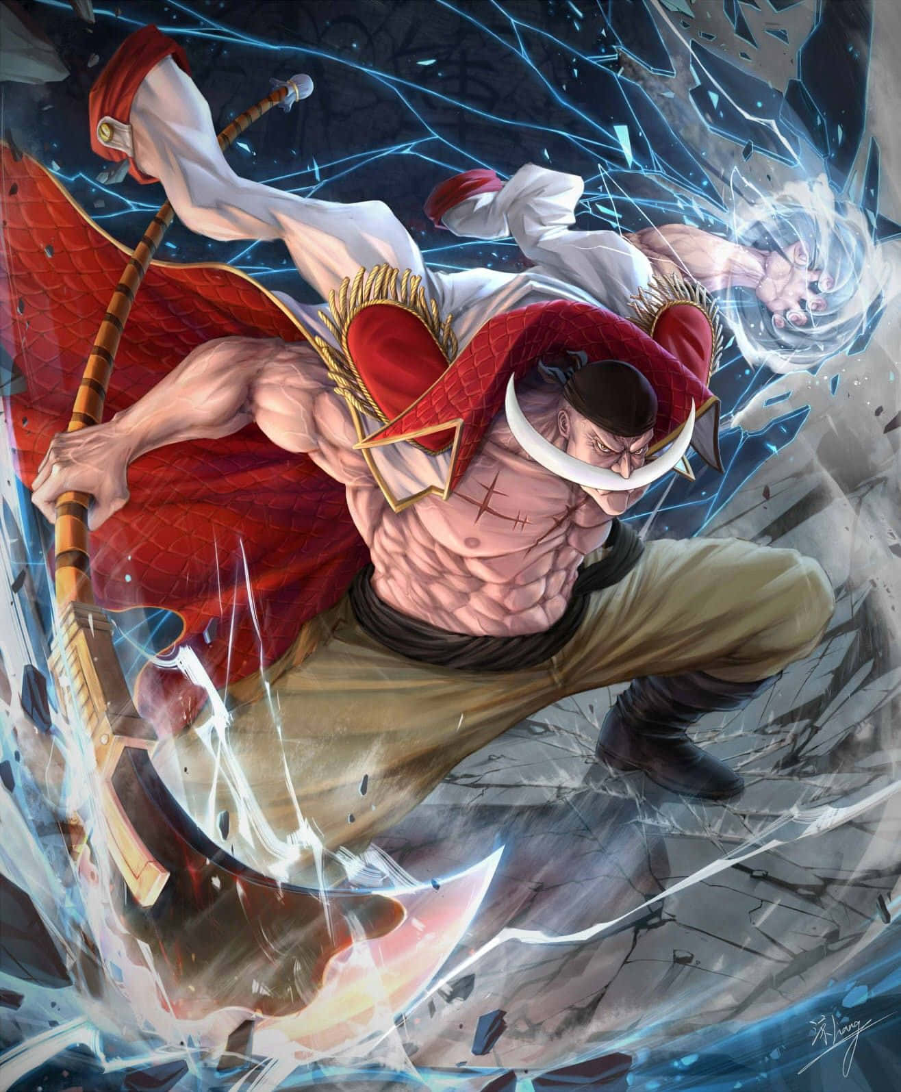 Yonko 桌布 壁紙 — 一個肌肉發達的動漫戰士，披著紅色斗篷，留著白色鬍鬚，在破碎的石頭和藍色能量火花中揮舞著一把巨斧。