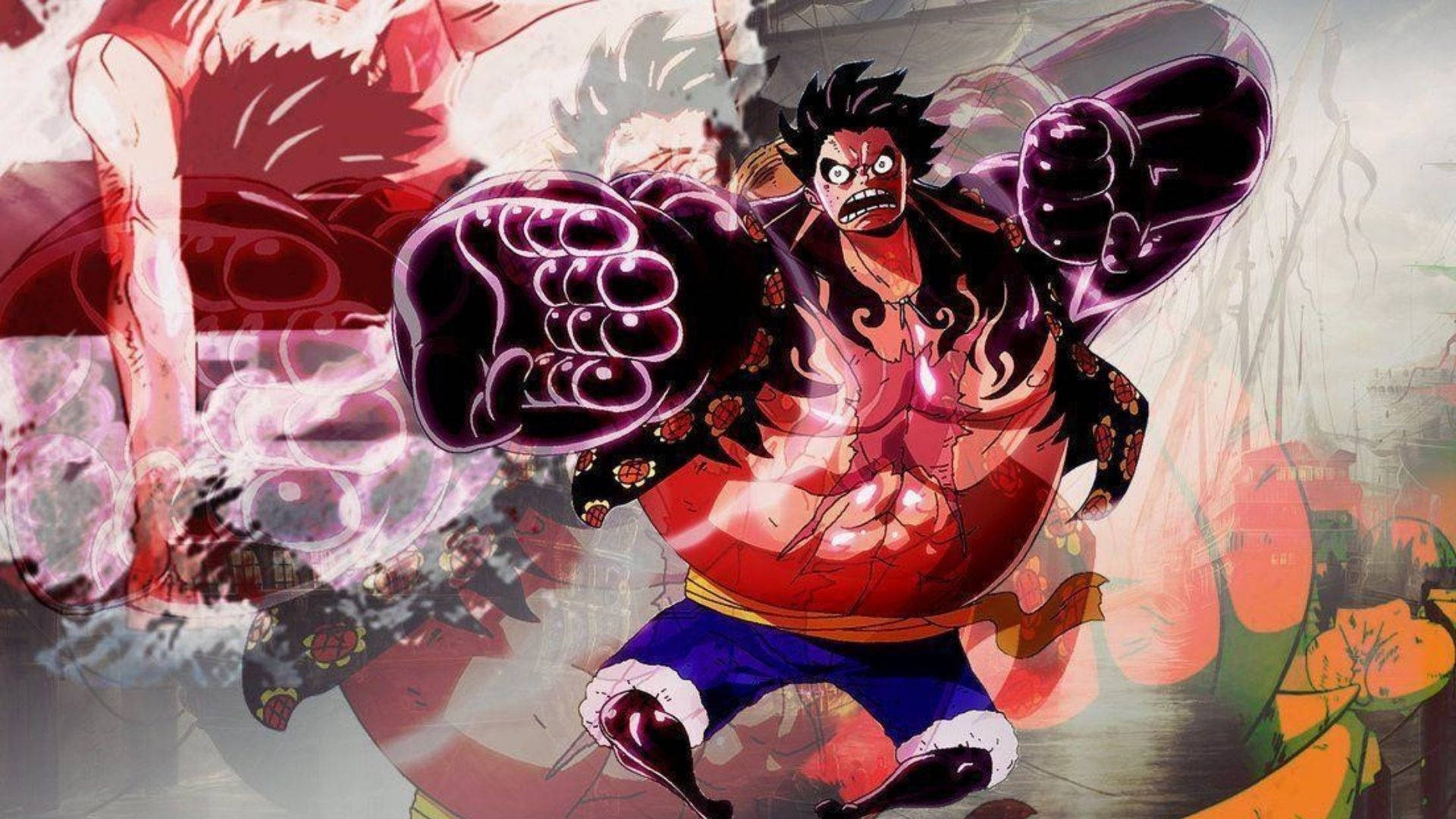 luffy gear 4 桌布 壁紙 — 一個肌肉發達的動漫戰士，拳頭發光，在充滿紅色和紫色能量效果的動態戰鬥場景中向前衝刺。