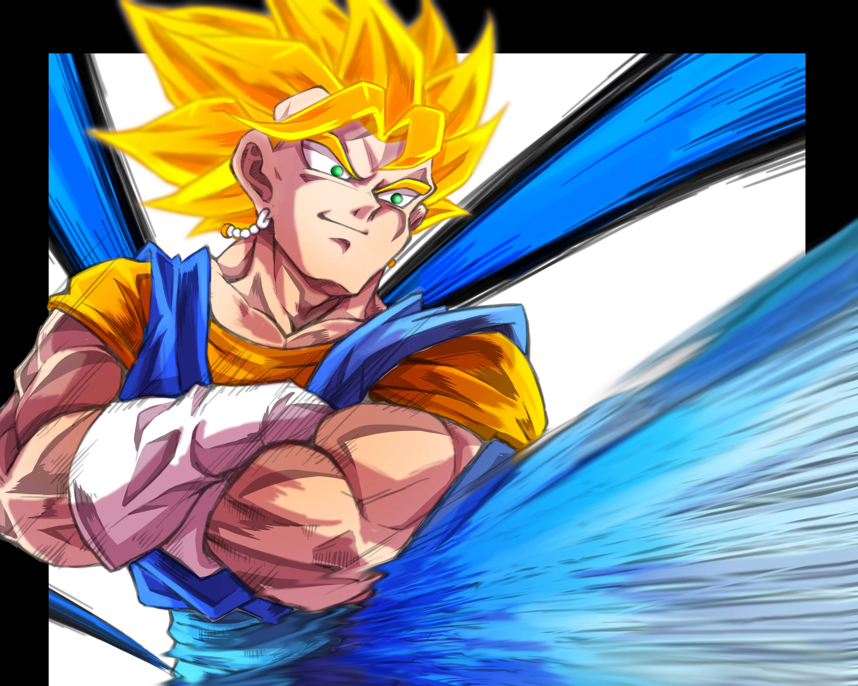 Vegito 桌布 壁紙 — 一個肌肉發達的動漫戰士，擁有尖刺的金色頭髮和綠色眼睛，帶著強烈的專注和藍色能量軌跡向前衝刺。