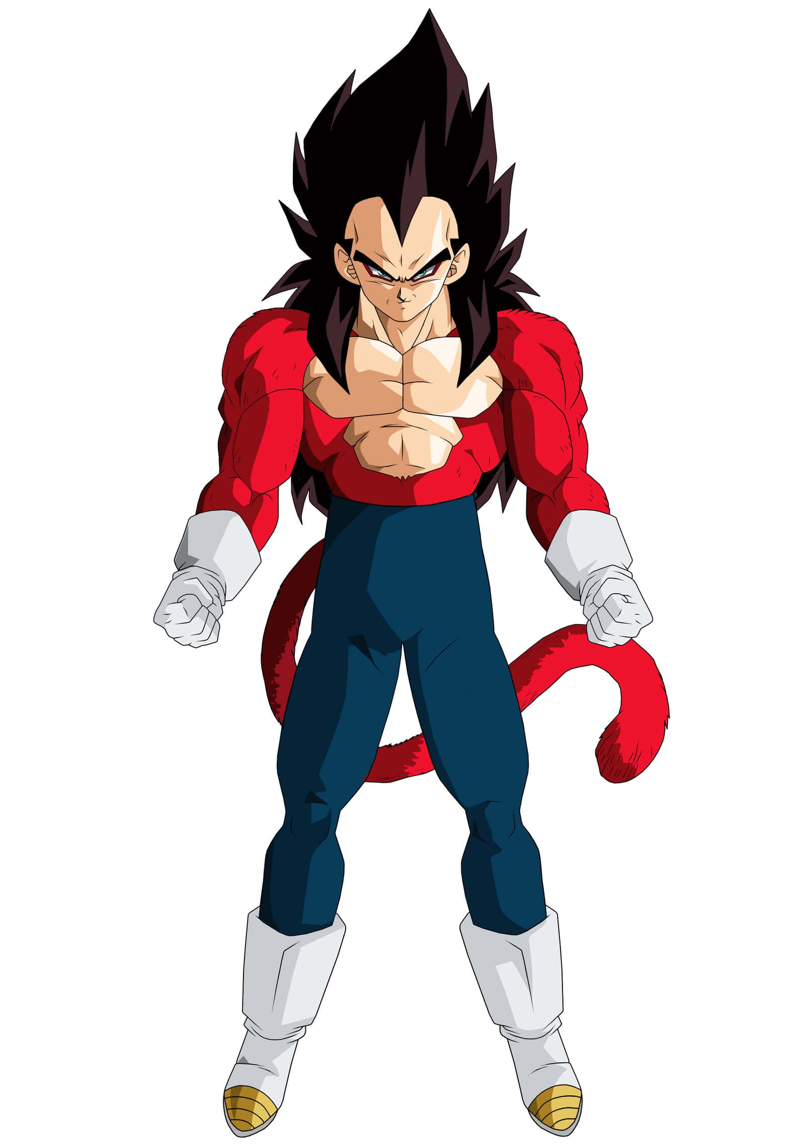 Vegeta Super Saiyan 4 桌布 壁紙 — 一個肌肉發達的動漫戰士，擁有尖刺黑髮、紅色尾巴和紅色上衣，在白色背景前擺出強而有力的姿勢。