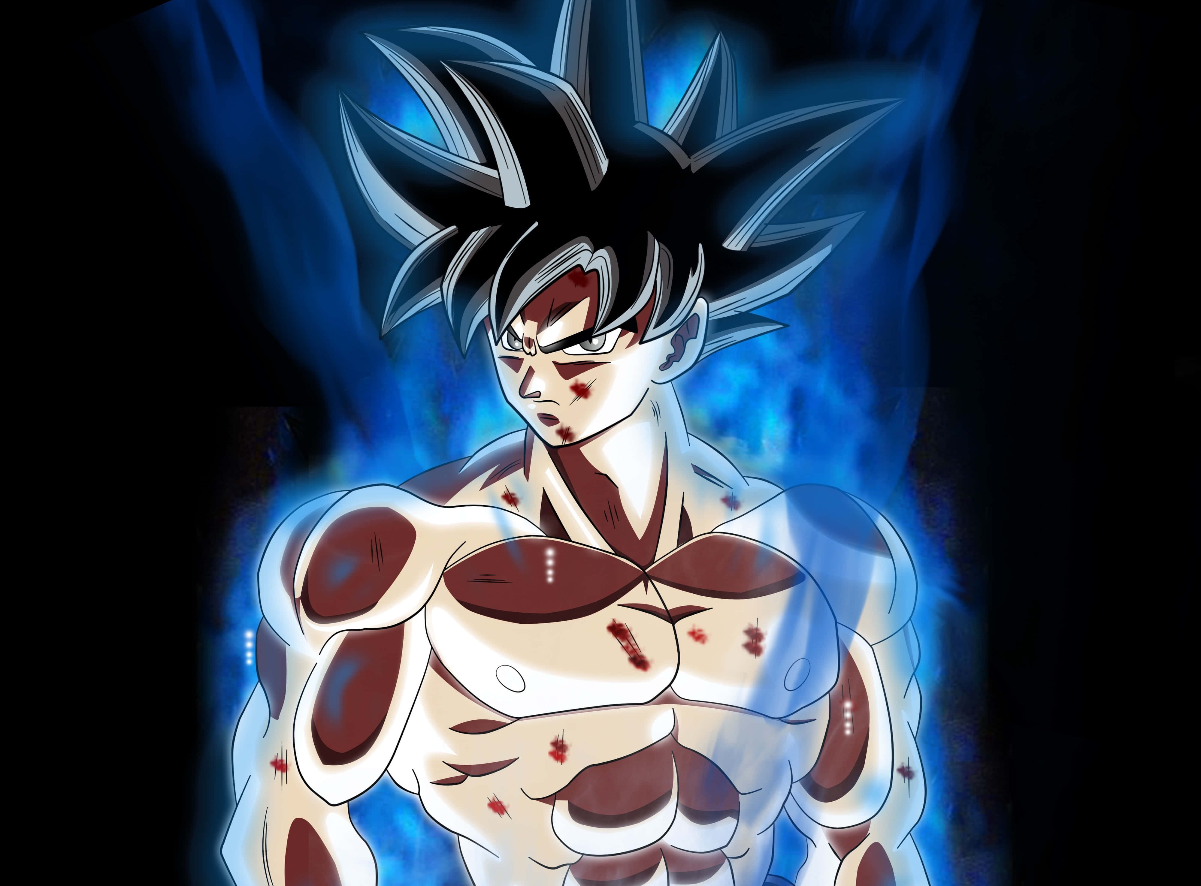 Dragon Ball Goku Ultra Instinct 桌布 壁紙 — 一個肌肉發達的動漫戰士，擁有尖刺的黑髮和發光的藍色光環，在黑暗背景中帶有可見的戰鬥傷痕，挑釁地站立著。