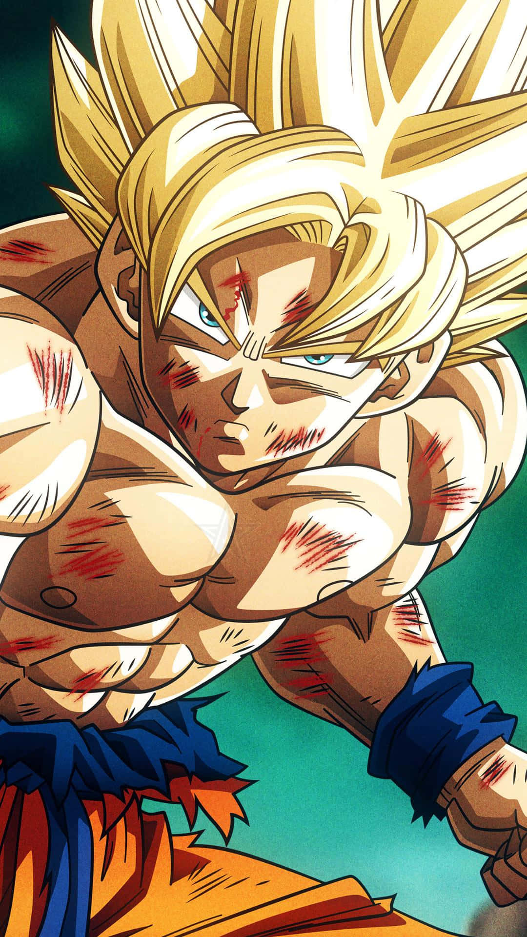 Dragon Ball iPhone 桌布 壁紙 — 一個肌肉發達的動漫戰士，擁有尖刺金髮和戰鬥傷疤，以動態姿勢專注地向前凝視。