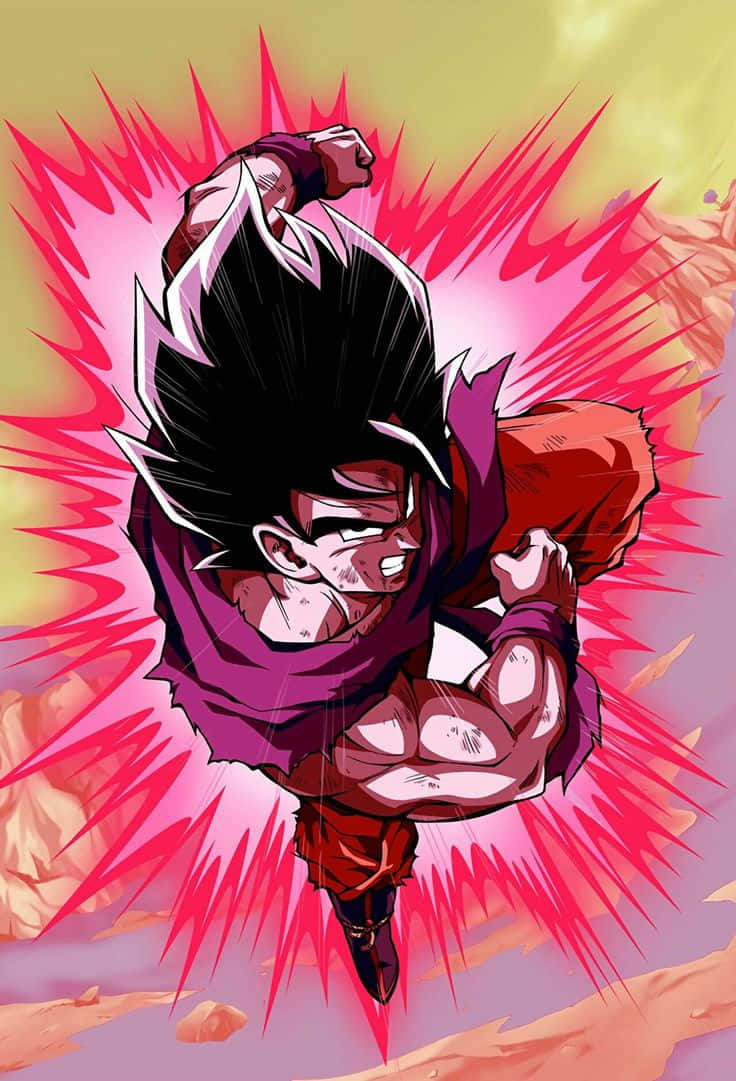 Goku Kaioken 桌布 壁紙 — 一個肌肉發達的動漫戰士，擁有尖刺黑髮和紫色道服，在黃色和粉紅色的天空背景下，被紅色能量爆發包圍著向前出拳。
