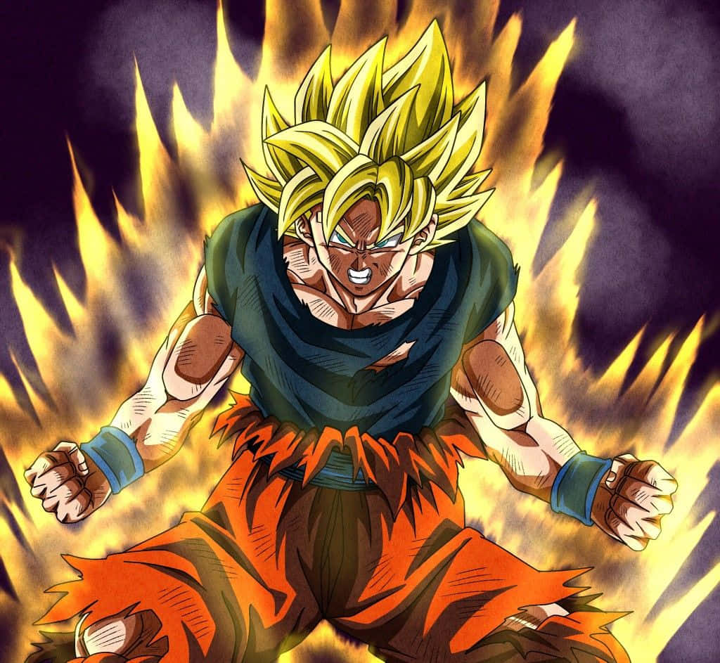 Legendary Super Saiyan 桌布 壁紙 — 一個肌肉發達的動漫戰士，擁有尖刺的金色頭髮和橙色褲子，在黑暗背景中散發出熾熱的能量。