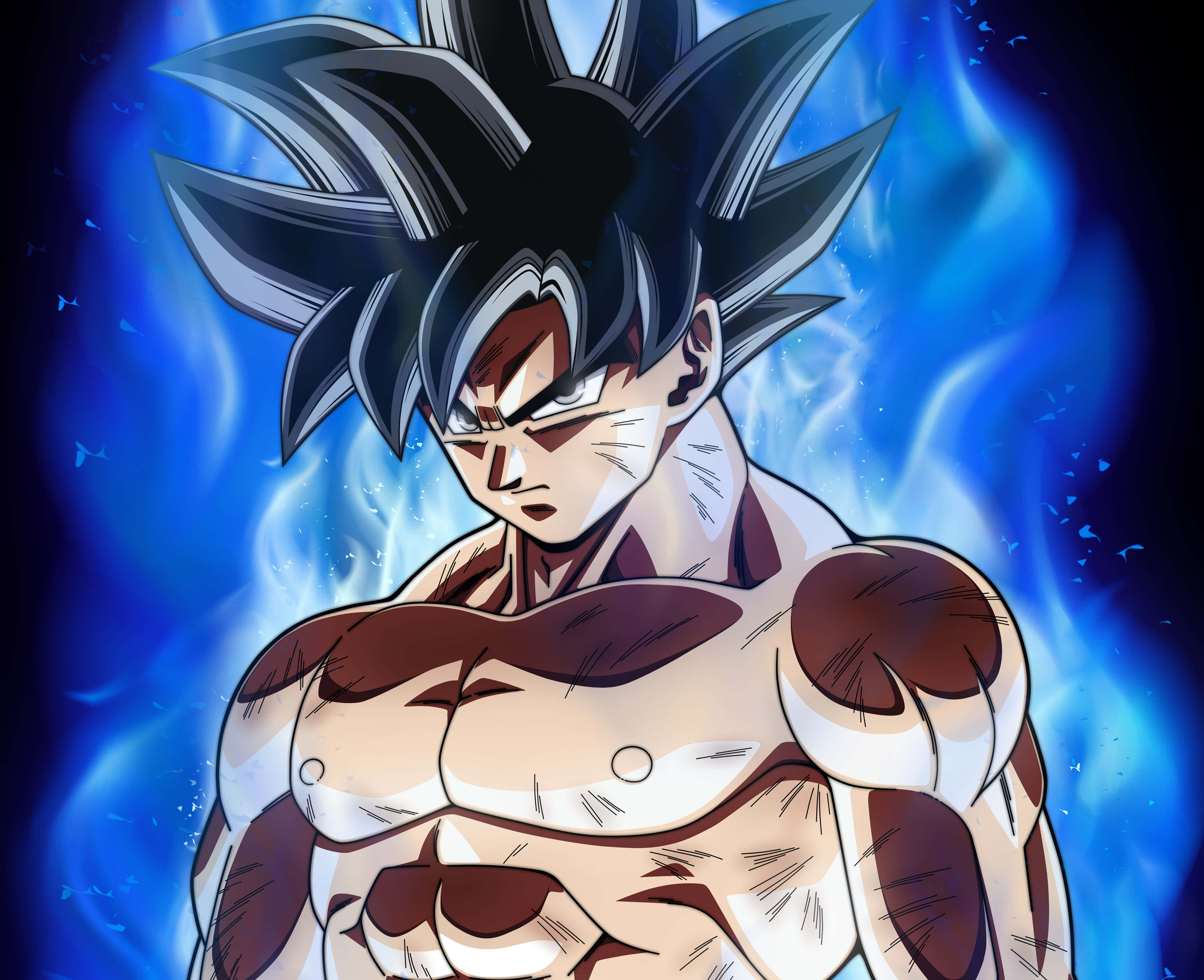 Cool Dragon Ball 桌布 壁紙 — 一個肌肉發達的動漫戰士，擁有尖刺的黑髮和銳利的眼神，在黑暗背景中散發出藍色能量。