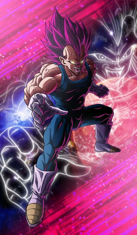 Vegeta Ultra Ego 桌布 壁紙 — 一個肌肉發達的動漫戰士，擁有尖刺的粉紅色頭髮和發光的眼睛，在宇宙粉藍色能量背景下擺出強有力的姿勢。