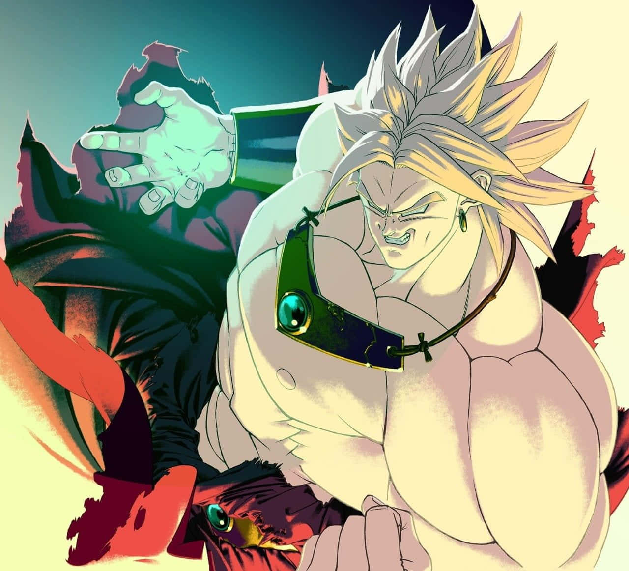 Dragon Ball Z Broly 桌布 壁紙 — 一個肌肉發達的動漫戰士，擁有尖刺金髮和綠色眼罩，在黑暗背景中揮舞發光的拳頭向前衝刺。