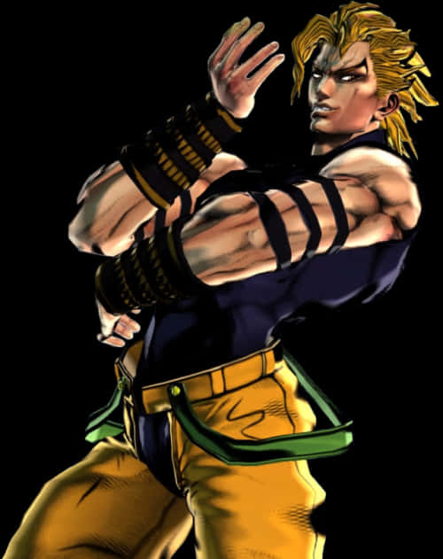 Dio Brando 桌布 壁紙 — 一個肌肉發達的動漫戰士，擁有尖刺金髮和黑色臂帶，在黑色背景前擺出動態戰鬥姿勢。