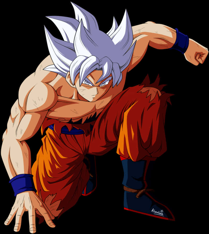 Goku Dragon Ball Super 桌布 壁紙 — 一個肌肉發達的動漫戰士，擁有尖刺銀色頭髮，在黑色背景前以戰鬥姿勢蹲伏。