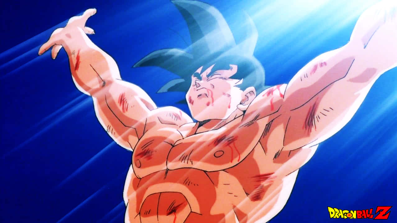Goku's Spirit Bomb Sword 桌布 壁紙 — 一個肌肉發達的動漫戰士，擁有尖刺的藍色頭髮和血跡斑斑的皮膚，在燦爛的藍色背景下向上伸展。