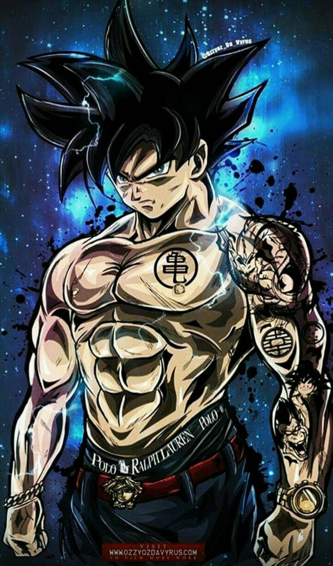Goku Swag 桌布 壁紙 — 一個肌肉發達的動漫戰士，擁有尖刺黑髮和發光的眼睛，站在宇宙藍色星場背景下，帶有紋身和一條「Polo Ralph Lauren」皮帶。