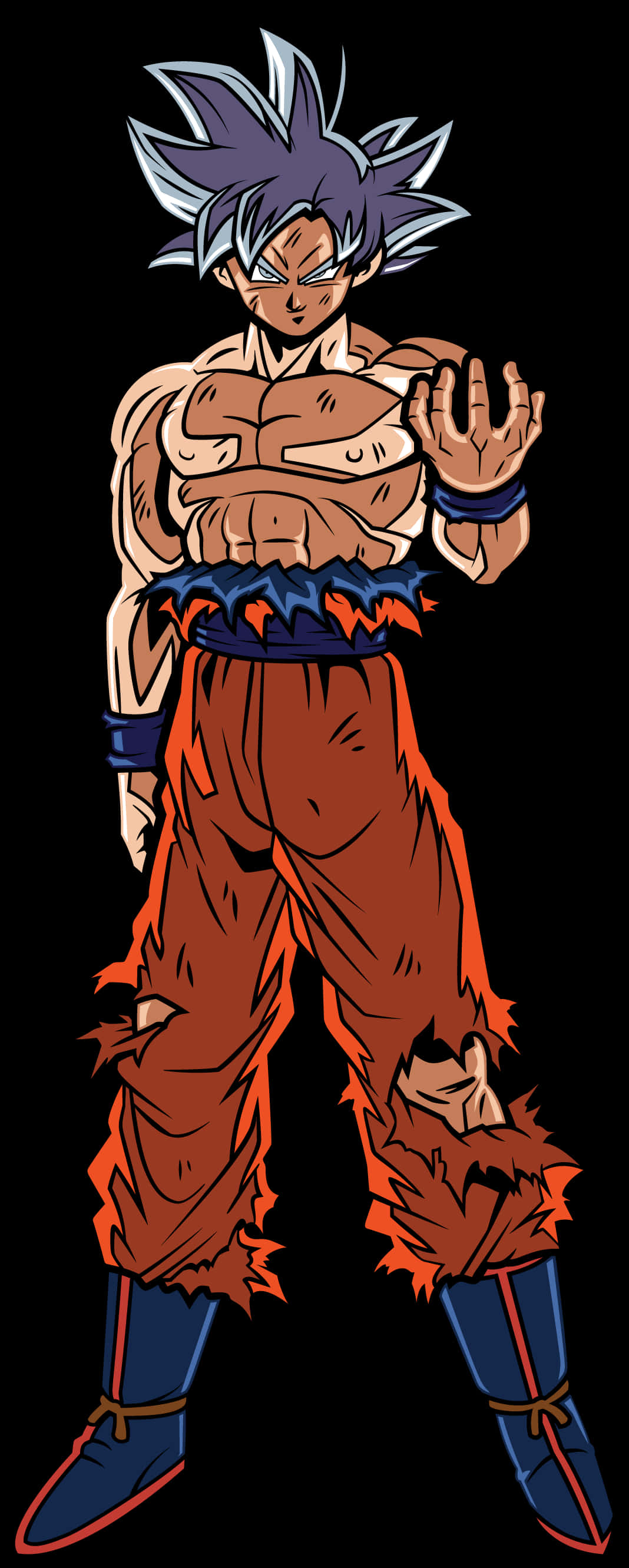 Goku Dragon Ball Super 桌布 壁紙 — 一個肌肉發達的動漫戰士，擁有尖刺的藍色頭髮和破爛的橙色褲子，在黑色背景前擺出戰鬥姿勢。