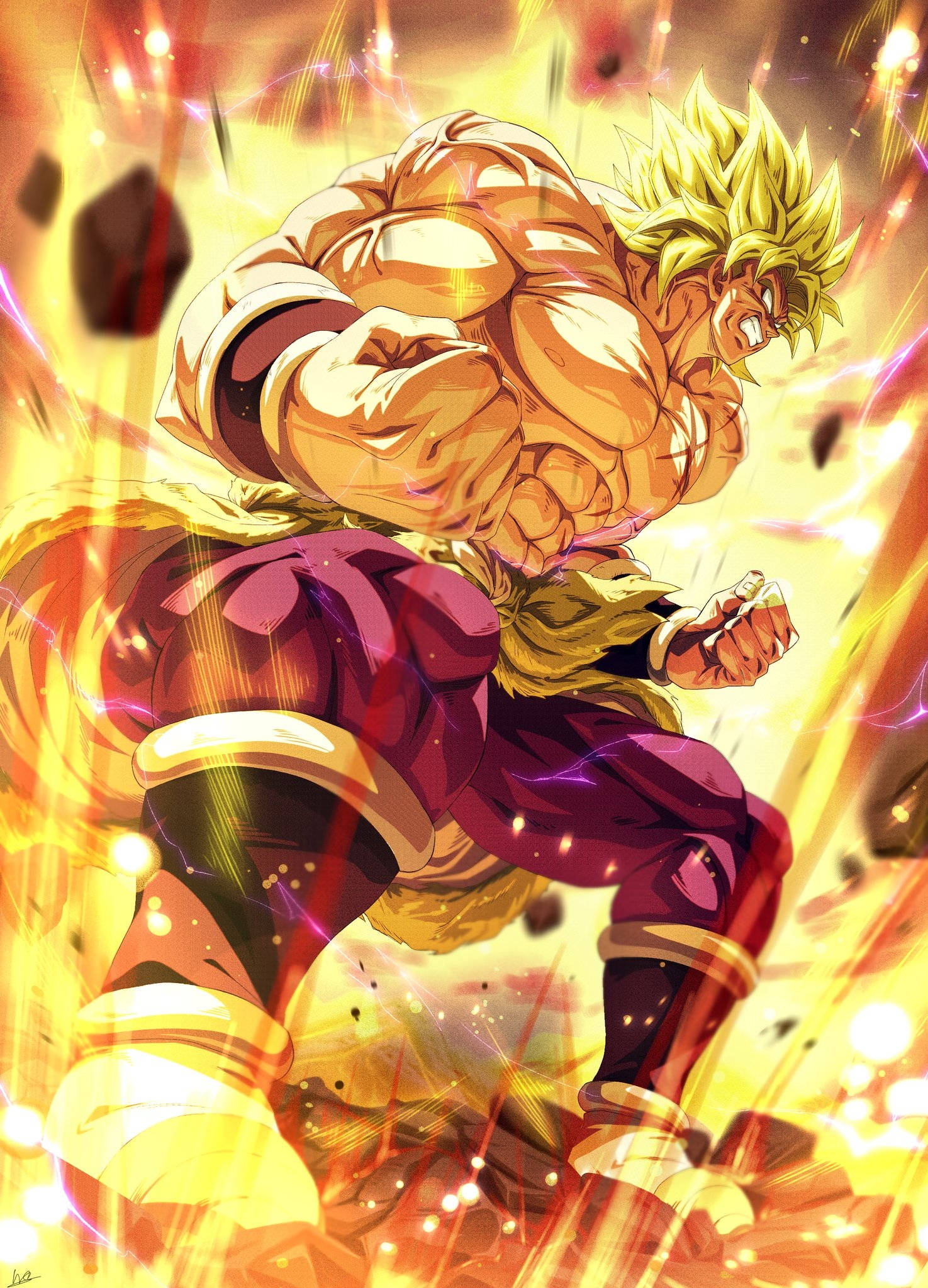 布羅利 桌布 壁紙 — 一個肌肉發達的動漫戰士，擁有尖刺金髮和紫色褲子，在發光的橙色背景下釋放出熾熱的能量爆炸。