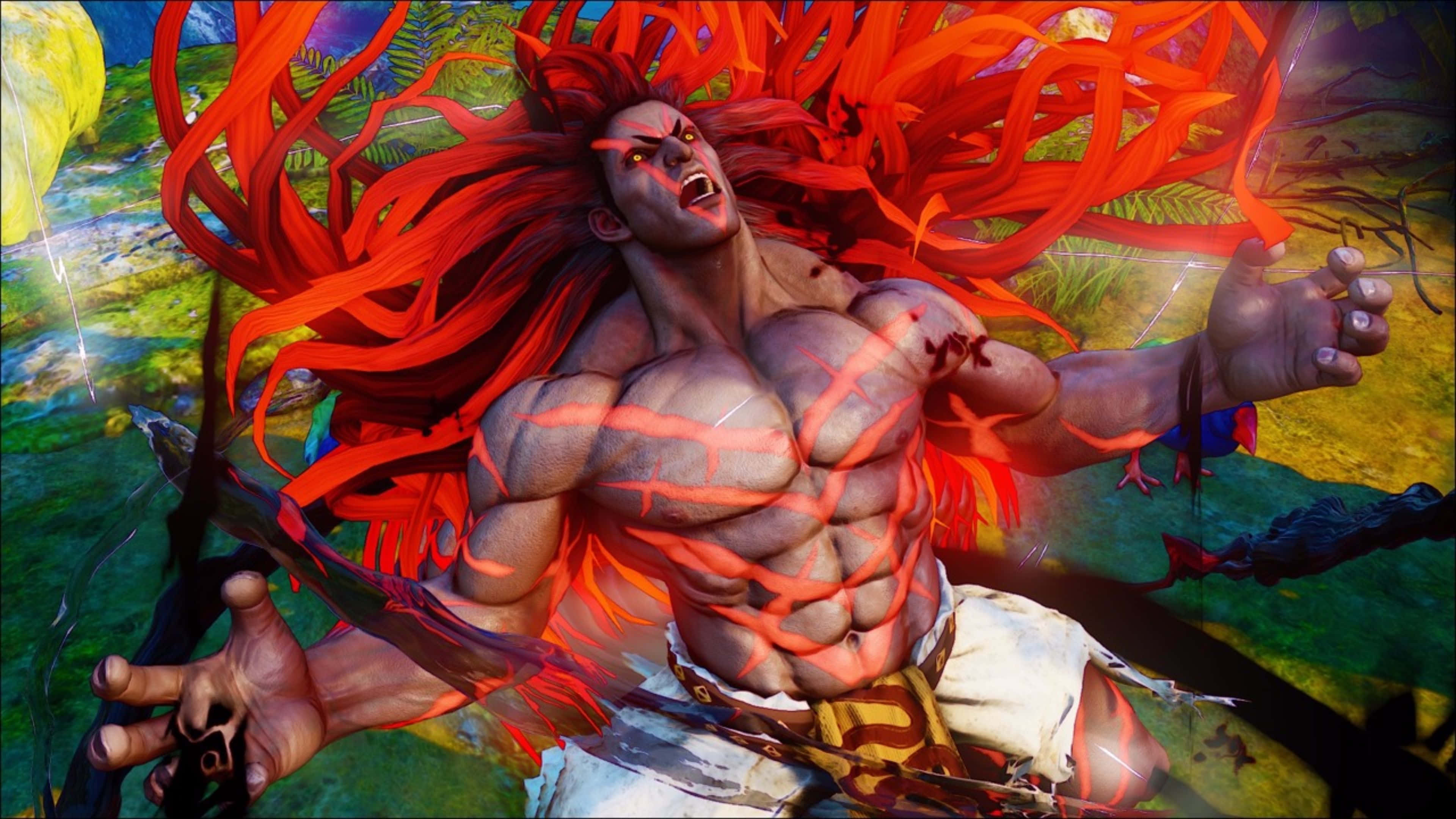 Street Fighter Characters 桌布 壁紙 — 一個肌肉發達的動漫戰士，擁有火紅的頭髮和發光的眼睛，在茂密的叢林環境中咆哮。