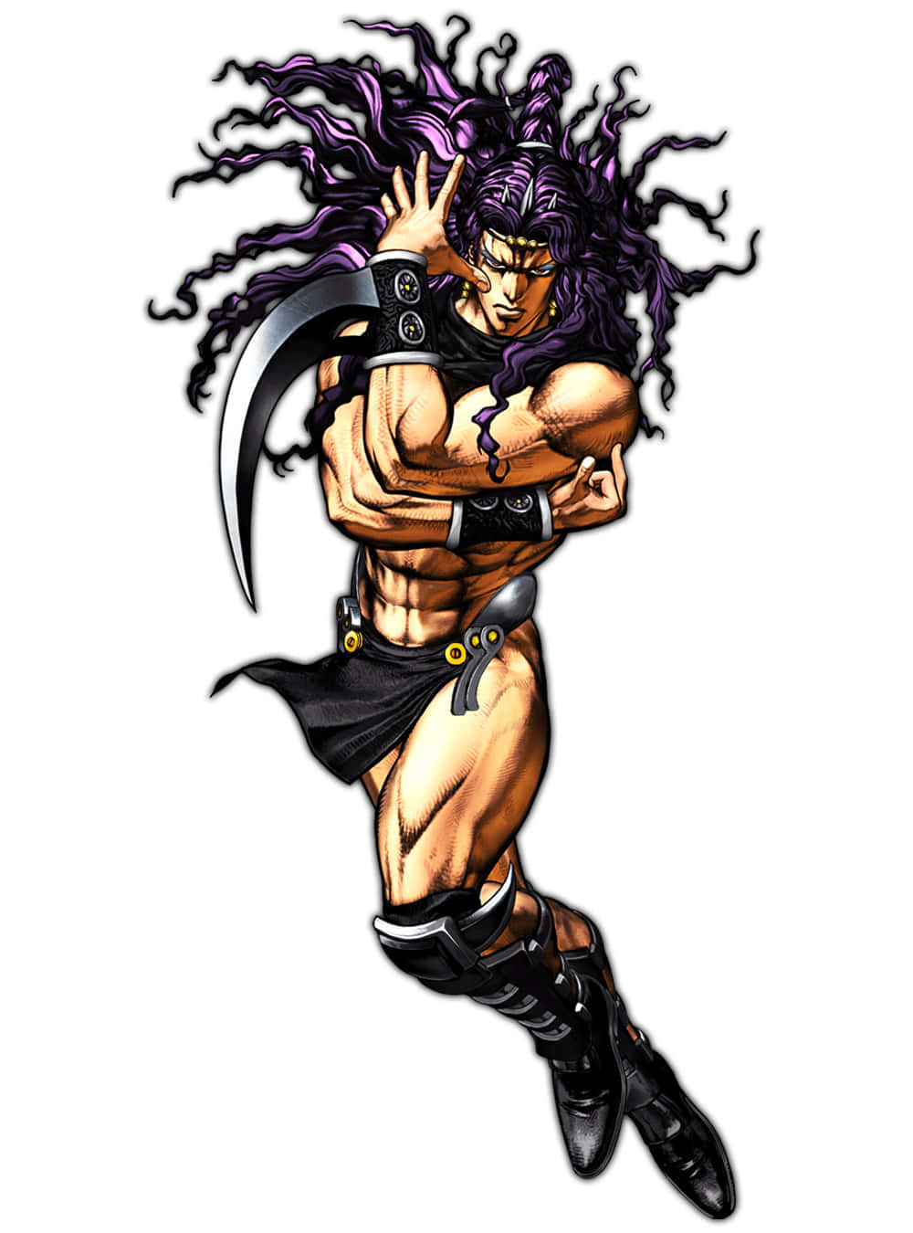 Jojo's Bizarre Adventure Kars 桌布 壁紙 — 一個肌肉發達的動漫戰士，擁有狂野的紫色頭髮，以動態姿勢揮舞著彎曲的刀刃。