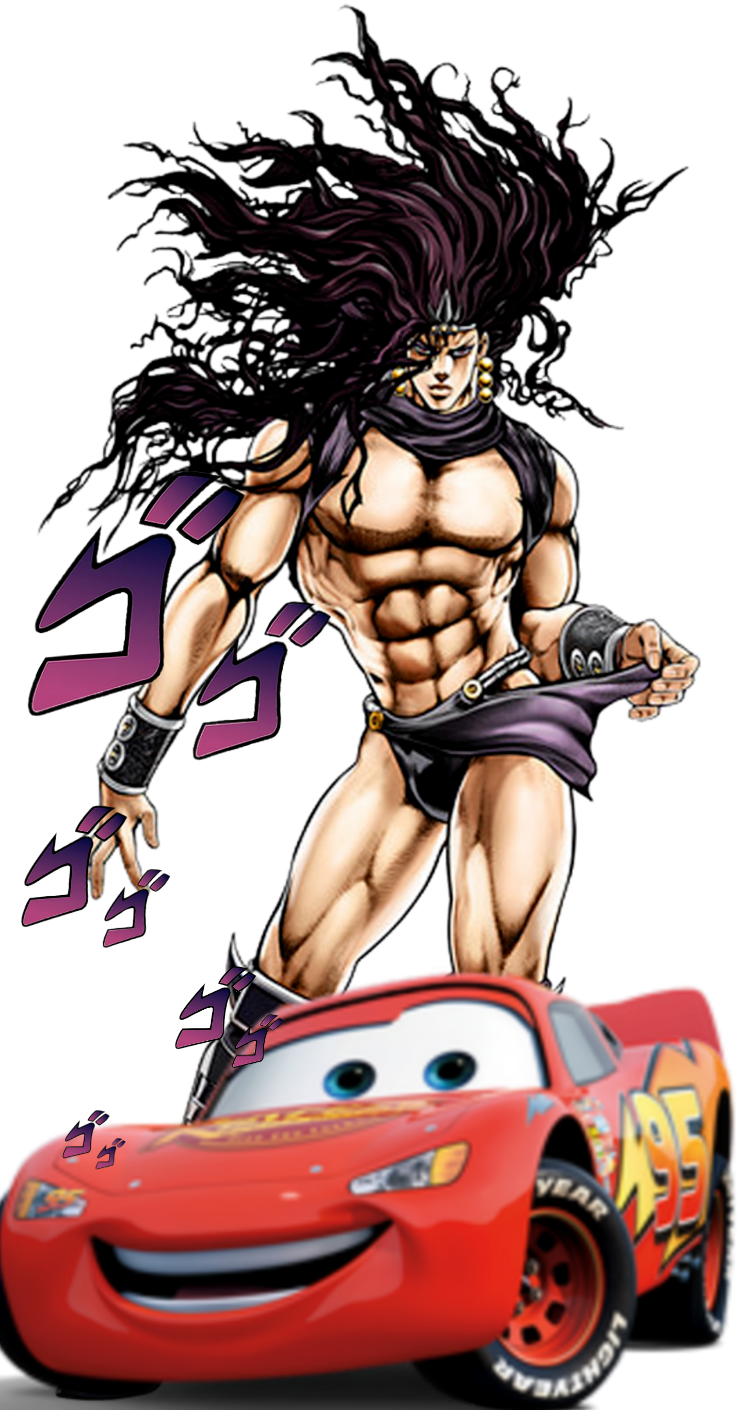 Jojo 桌布 壁紙 — 一個肌肉發達的動漫戰士，擁有狂野的紫色頭髮，站在微笑的紅色閃電麥坤賽車上，背景為黑色。