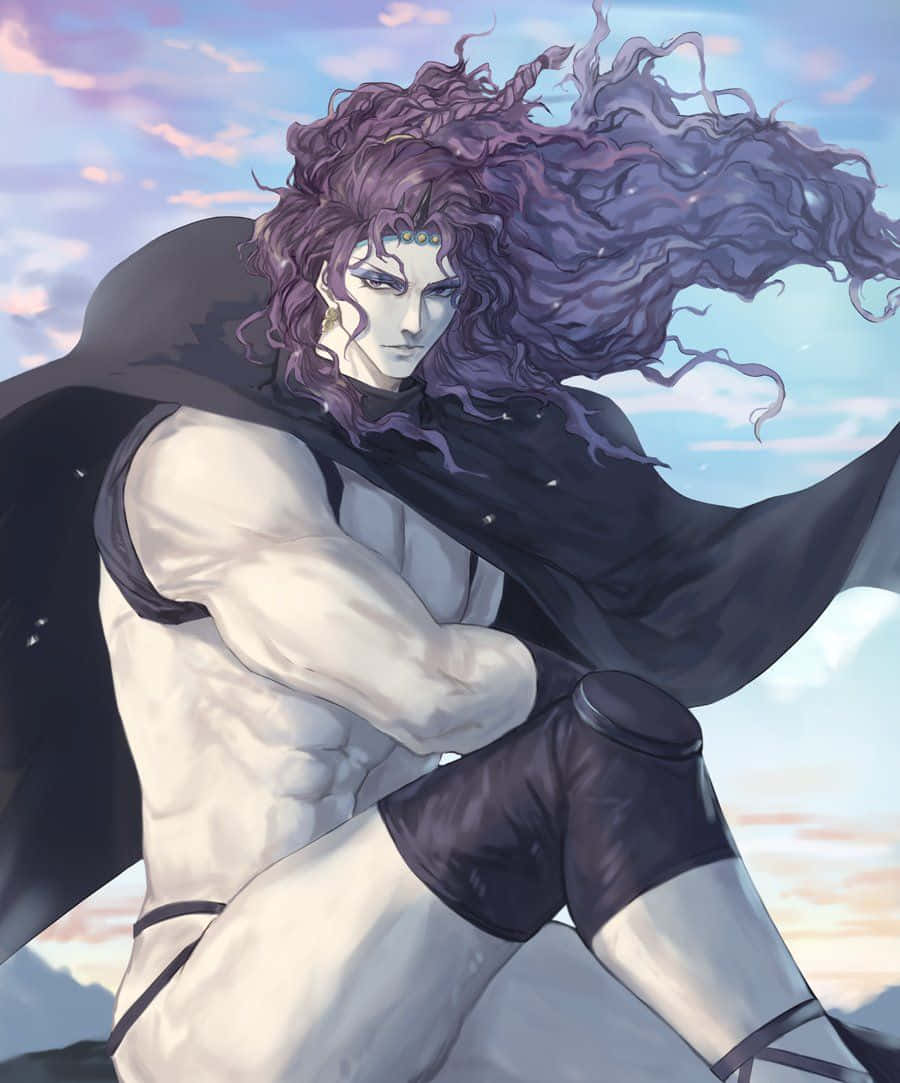 Jojo's Bizarre Adventure Kars 桌布 壁紙 — 一個肌肉發達的動漫戰士，擁有狂野的紫色頭髮和黑色斗篷，挑釁地站在粉彩天空前。