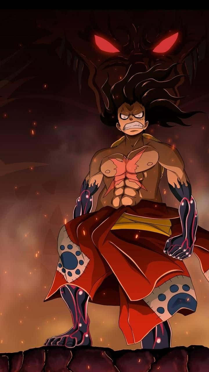 One Piece Ace's Death 桌布 壁紙 — 一個肌肉發達的動漫戰士，擁有發光的紅色眼睛和火焰光環，挑釁地站在黑暗陰沉的背景前。