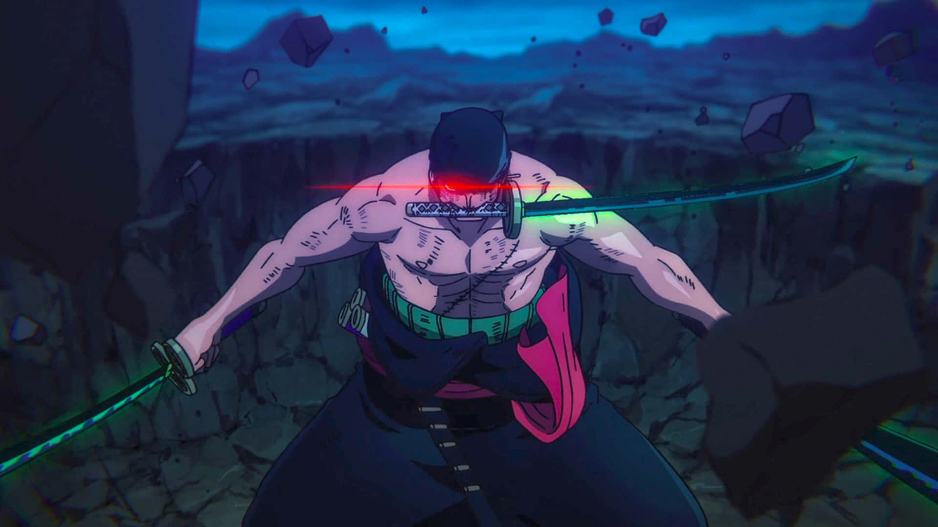 zoro wallpaper 壁紙 — 一個肌肉發達的動漫戰士，擁有發光的紅色眼睛，在深藍色天空下揮舞著發光的綠色劍，周圍漂浮著岩石。