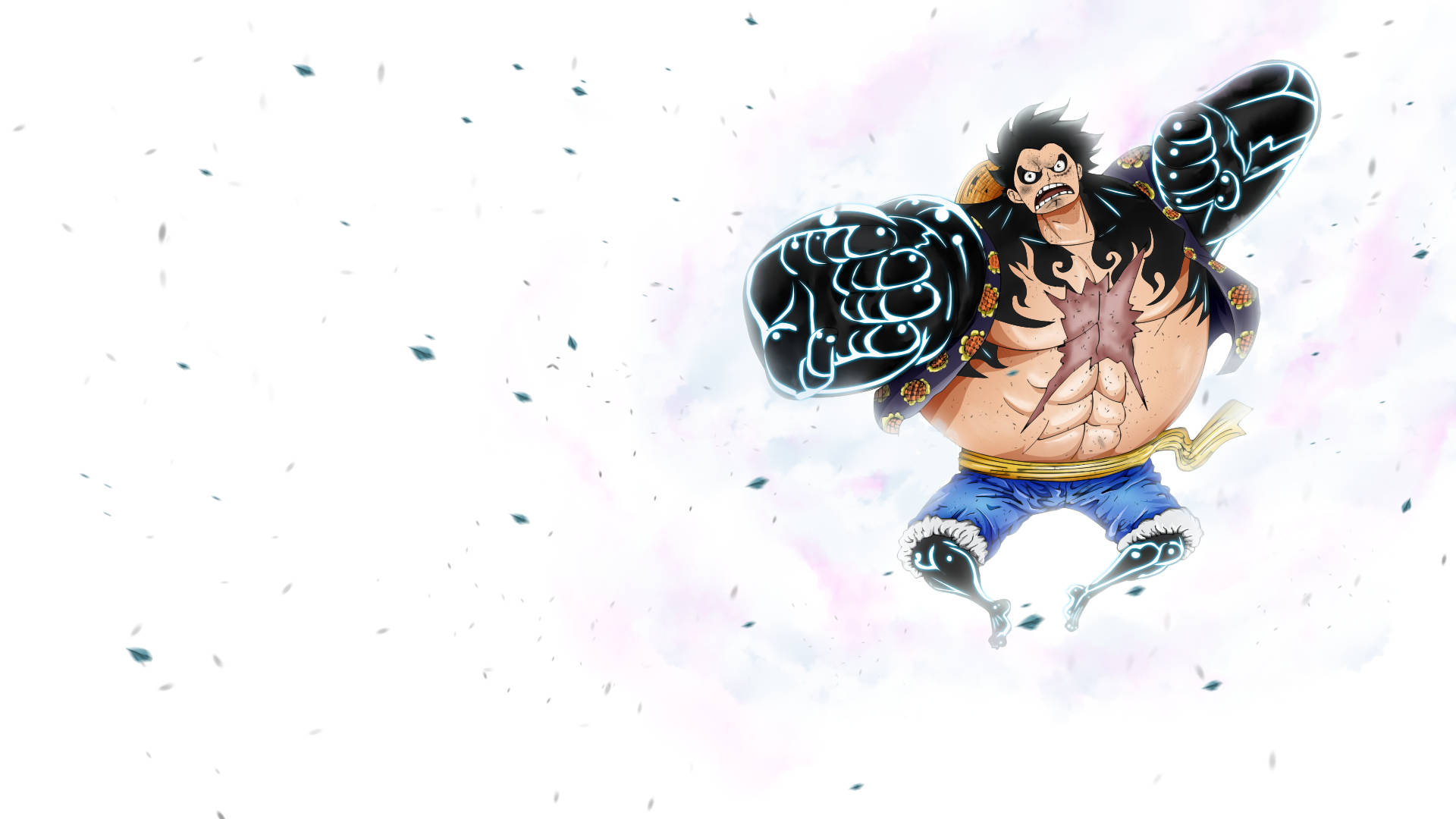 Luffy 桌布 壁紙 — 一個肌肉發達的動漫戰士，擁有發光的黑色拳頭和破爛的襯衫，在柔和的粉紅色和白色背景上動態跳躍，周圍有漂浮的碎片。