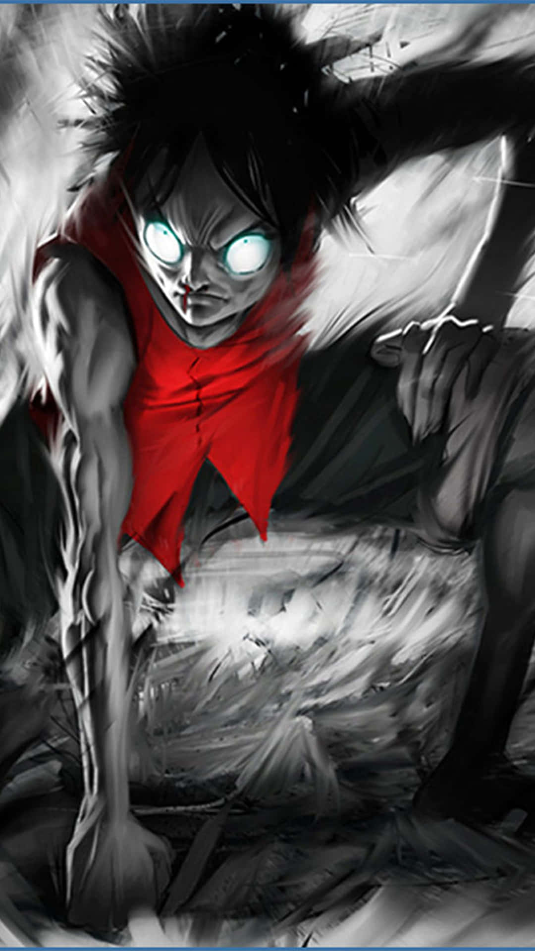 luffy rage 壁紙 — 一個肌肉發達的動漫戰士，擁有發光的白色眼睛和紅色圍巾，以動態的黑白素描風格向前衝刺。