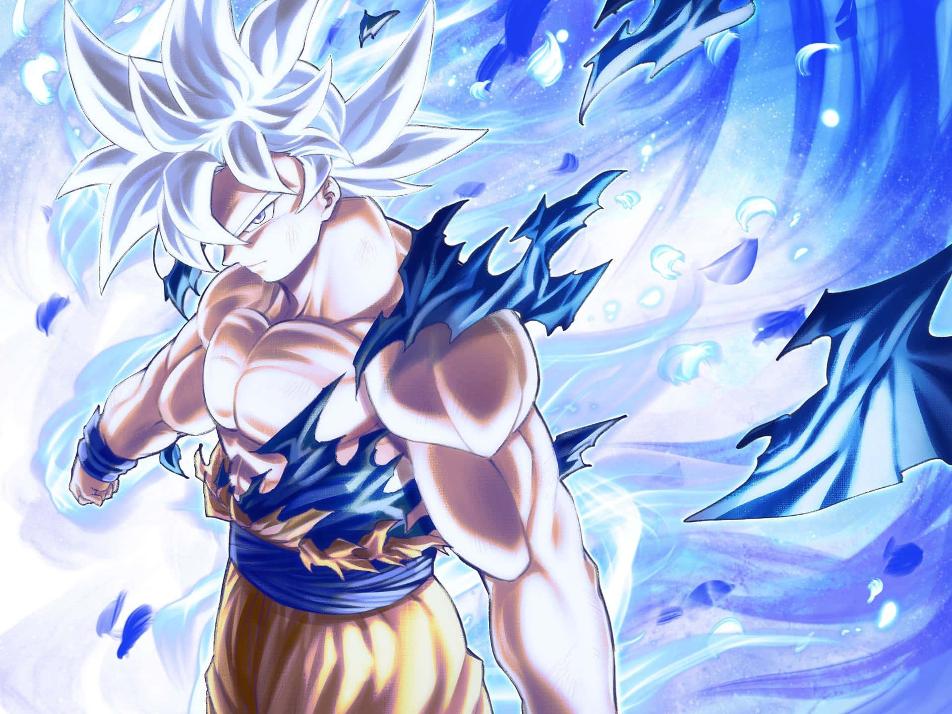 Mui Goku 桌布 壁紙 — 一個肌肉發達的動漫戰士，擁有白色尖刺頭髮和藍色能量光環，強力地站在旋轉的藍色宇宙背景前。