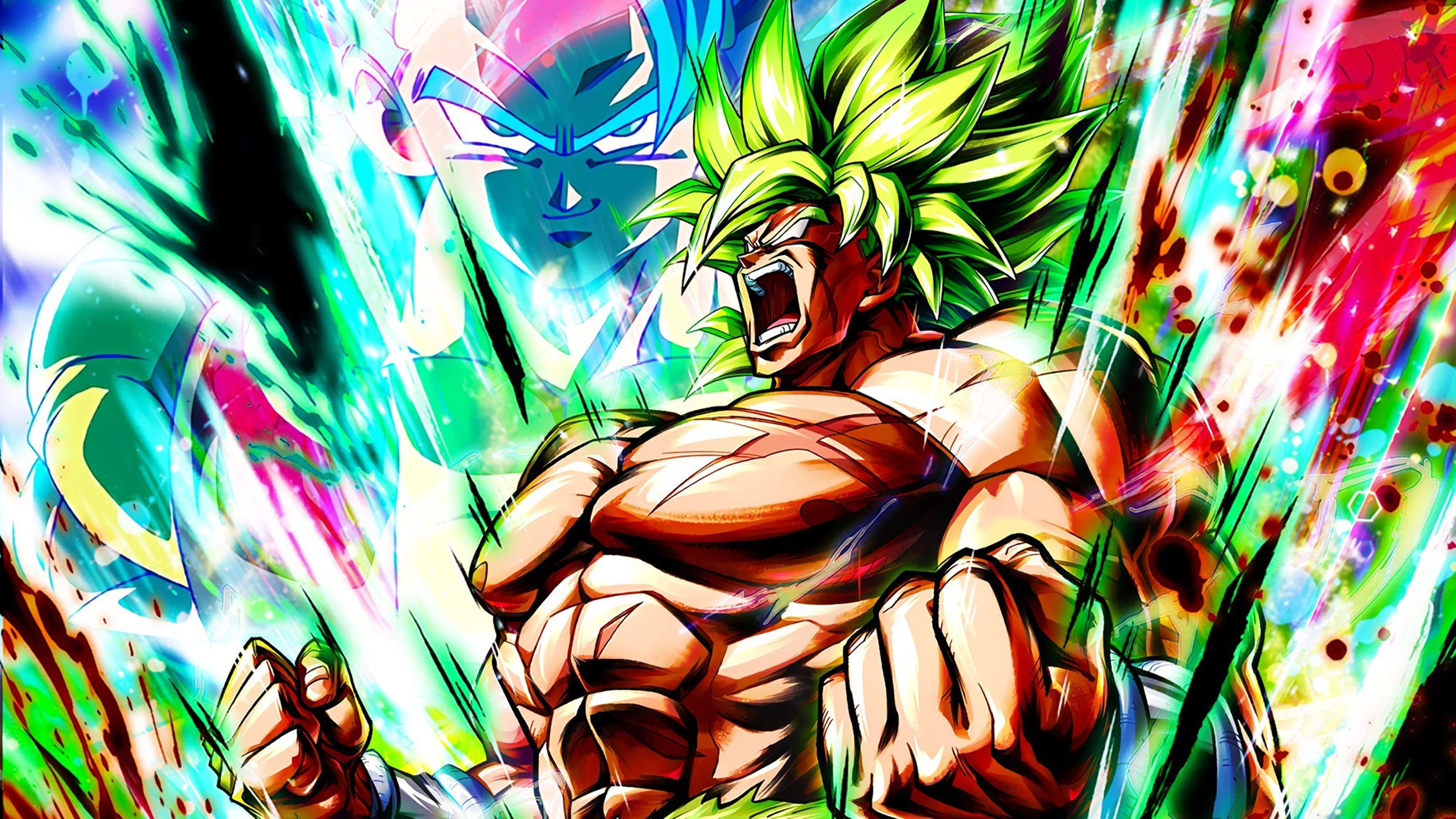 Broly 4K 桌布 壁紙 — 一個肌肉發達的動漫戰士，擁有綠色尖刺頭髮，在充滿活力的能量爆發中對抗發光的藍色對手，發出咆哮。