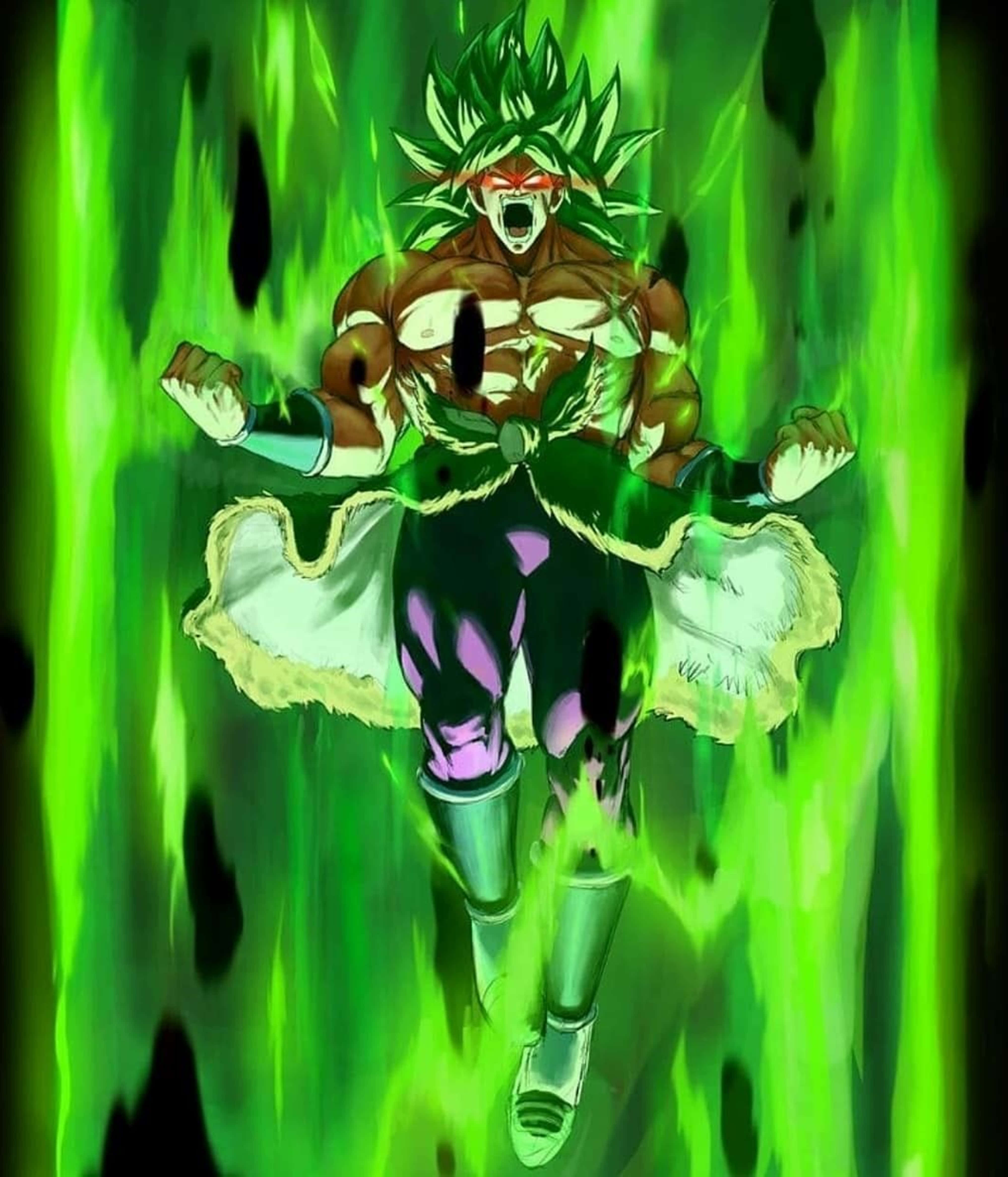 Broly 4K 桌布 壁紙 — 一個肌肉發達的動漫戰士，擁有綠色頭髮和發光的光環，在充滿活力的綠色能量中咆哮戰鬥。