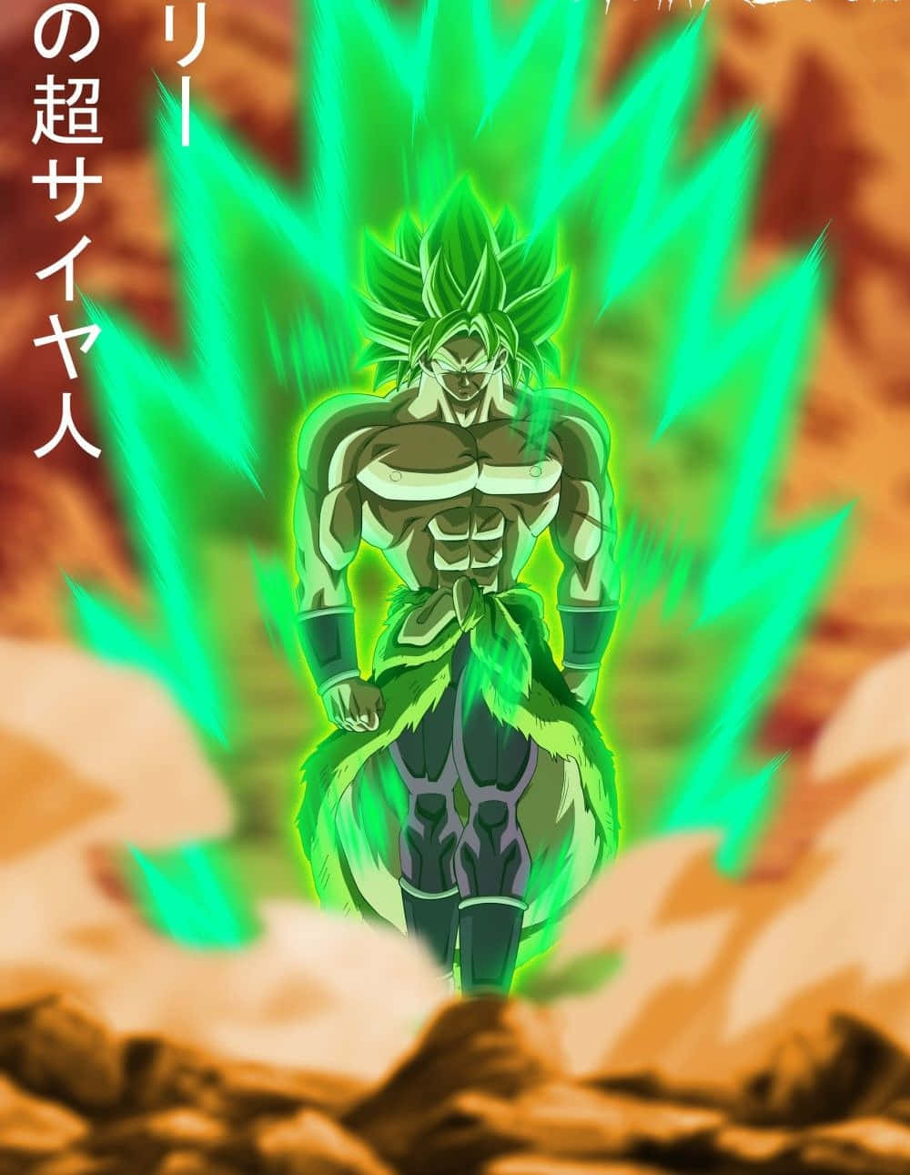Legendary Super Saiyan 桌布 壁紙 — 一個肌肉發達的動漫戰士，擁有綠色尖刺頭髮和氣場，在岩石地形上強力站立，背景是火熱的橙色。