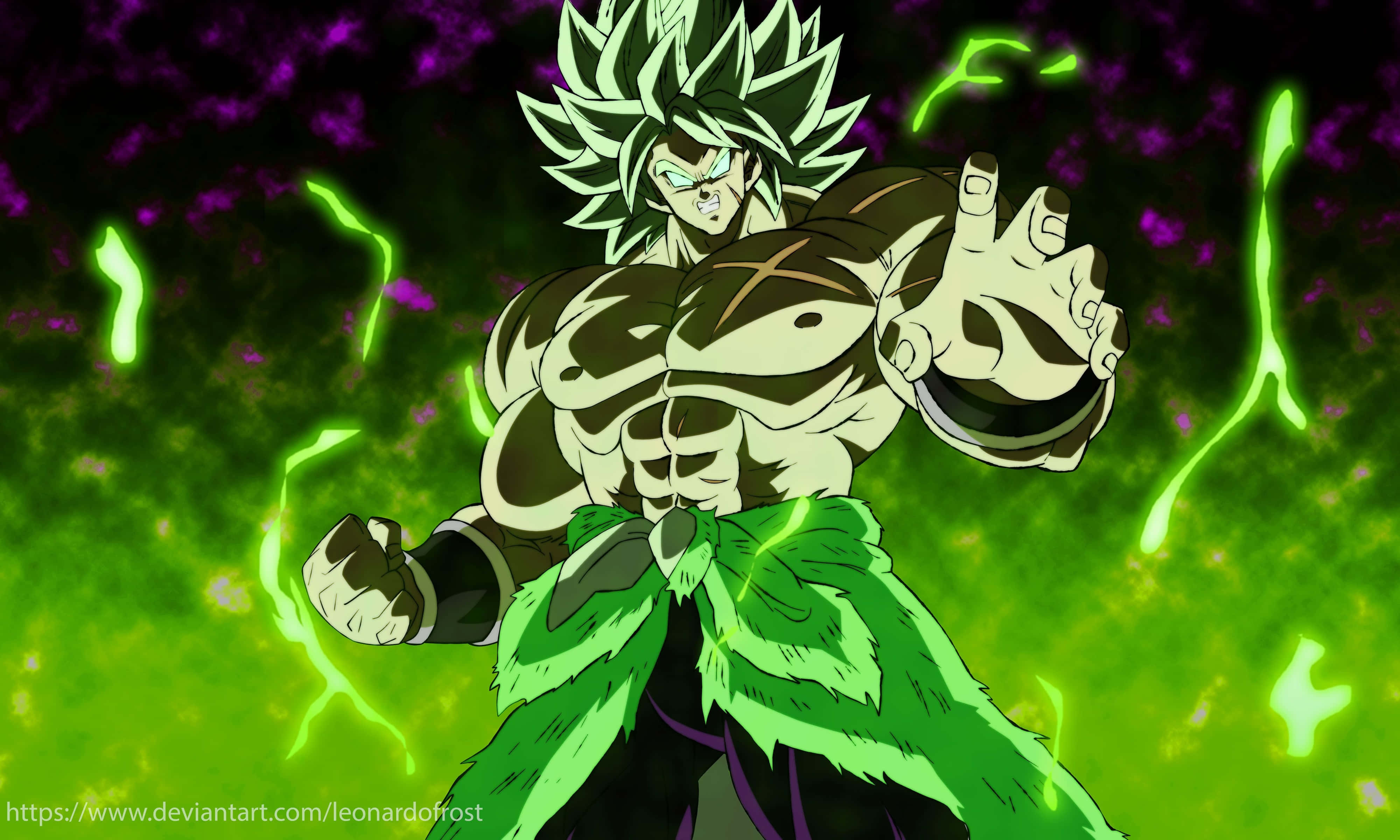 Broly 4K 桌布 壁紙 — 一個肌肉發達的動漫戰士，擁有綠色尖刺頭髮和發光的綠色能量環繞著他，背景是充滿活力的宇宙背景。