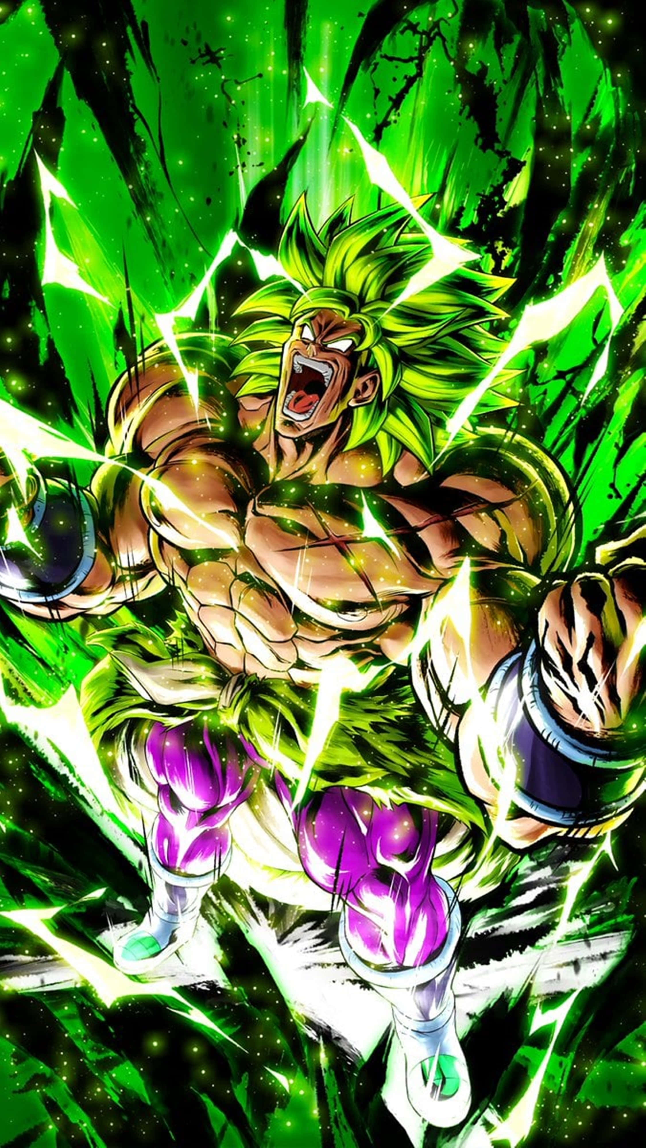 Broly 4K 桌布 壁紙 — 一個肌肉發達的動漫戰士，擁有綠色頭髮和紫色光環，在噼啪作響的綠色能量和星空背景中咆哮。