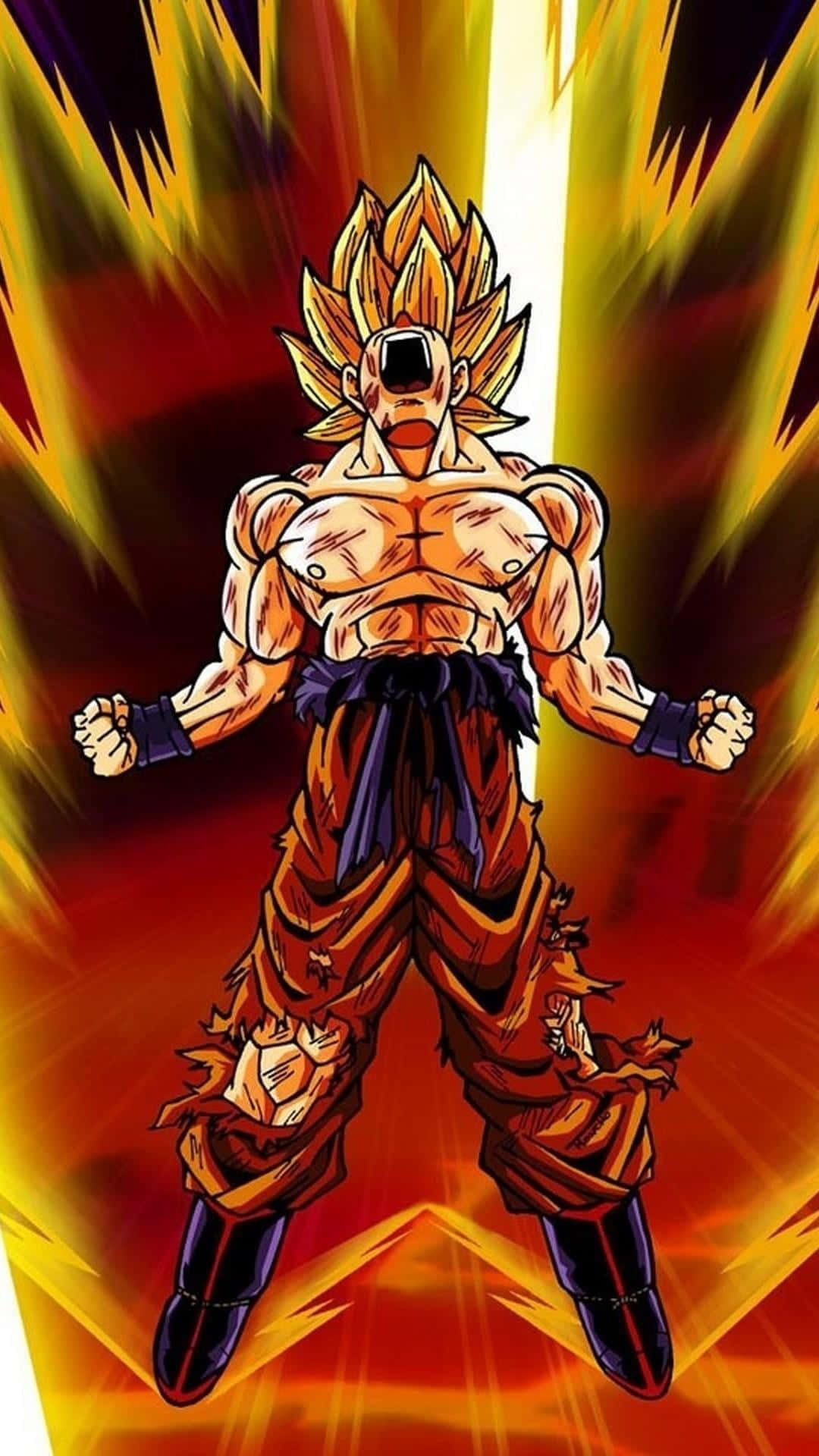 Saiyan Race 桌布 壁紙 — 一個肌肉發達的動漫戰士，擁有金色尖刺頭髮和破爛的橙色道服，強力地站在熾熱的紅色和黃色能量爆發背景前。