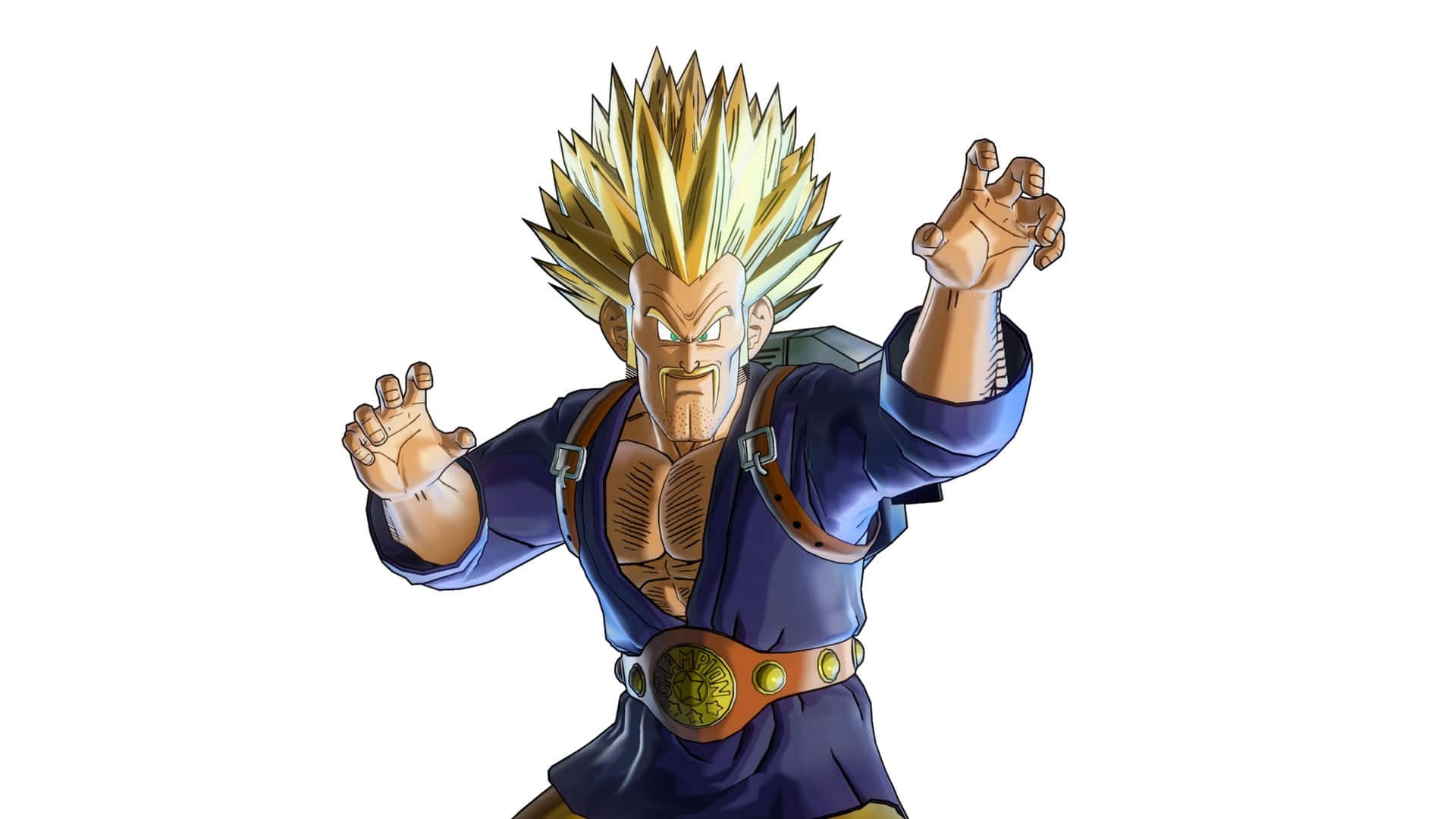 Hercule Satan 桌布 壁紙 — 一個肌肉發達的動漫戰士，擁有金色尖刺頭髮和藍色道服，在純白色背景前擺出強有力的戰鬥姿勢。